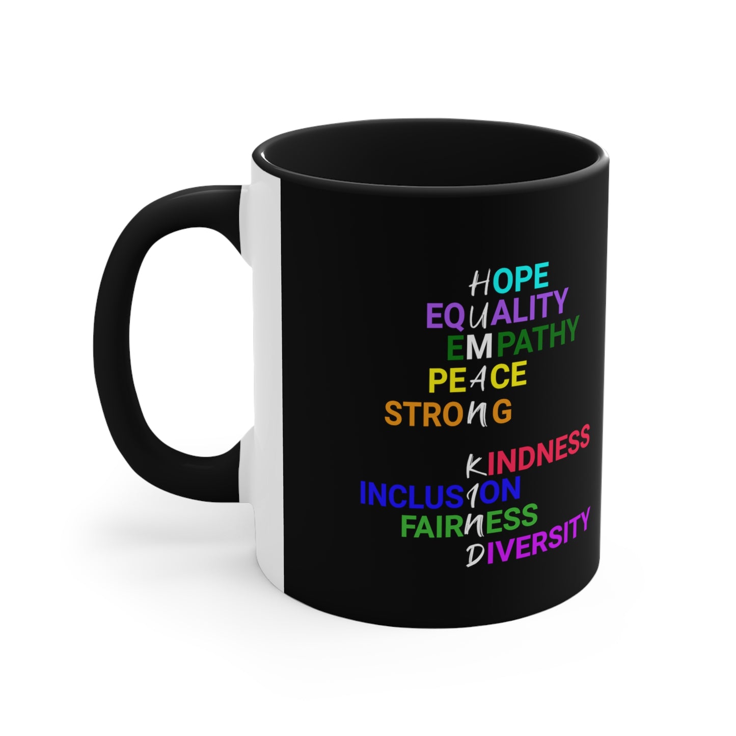 Side view of black mug with graphic "Human Kind"