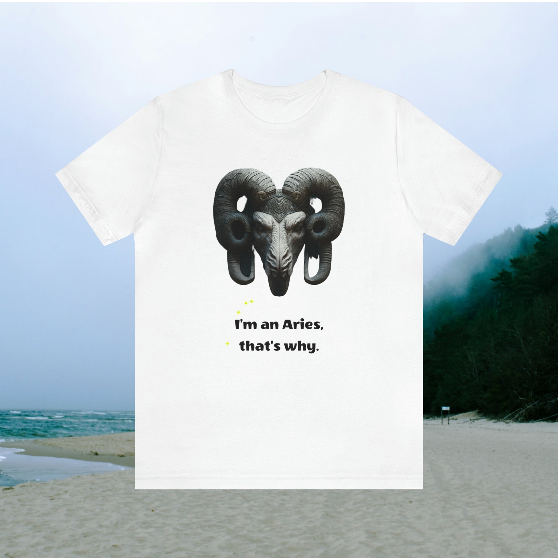 White tee with graphic "I'm an Aries, that's why.",  beach background.