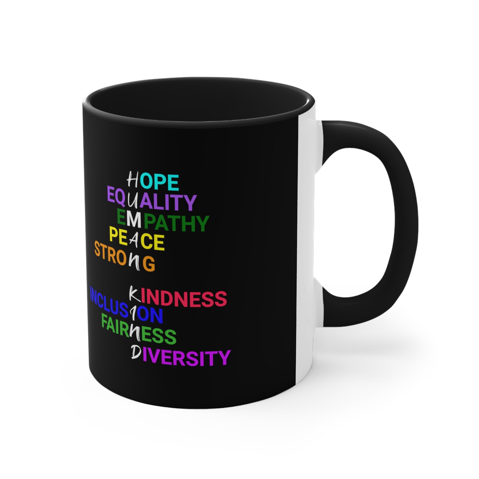 Left side view of black mug with graphic "Human Kind"