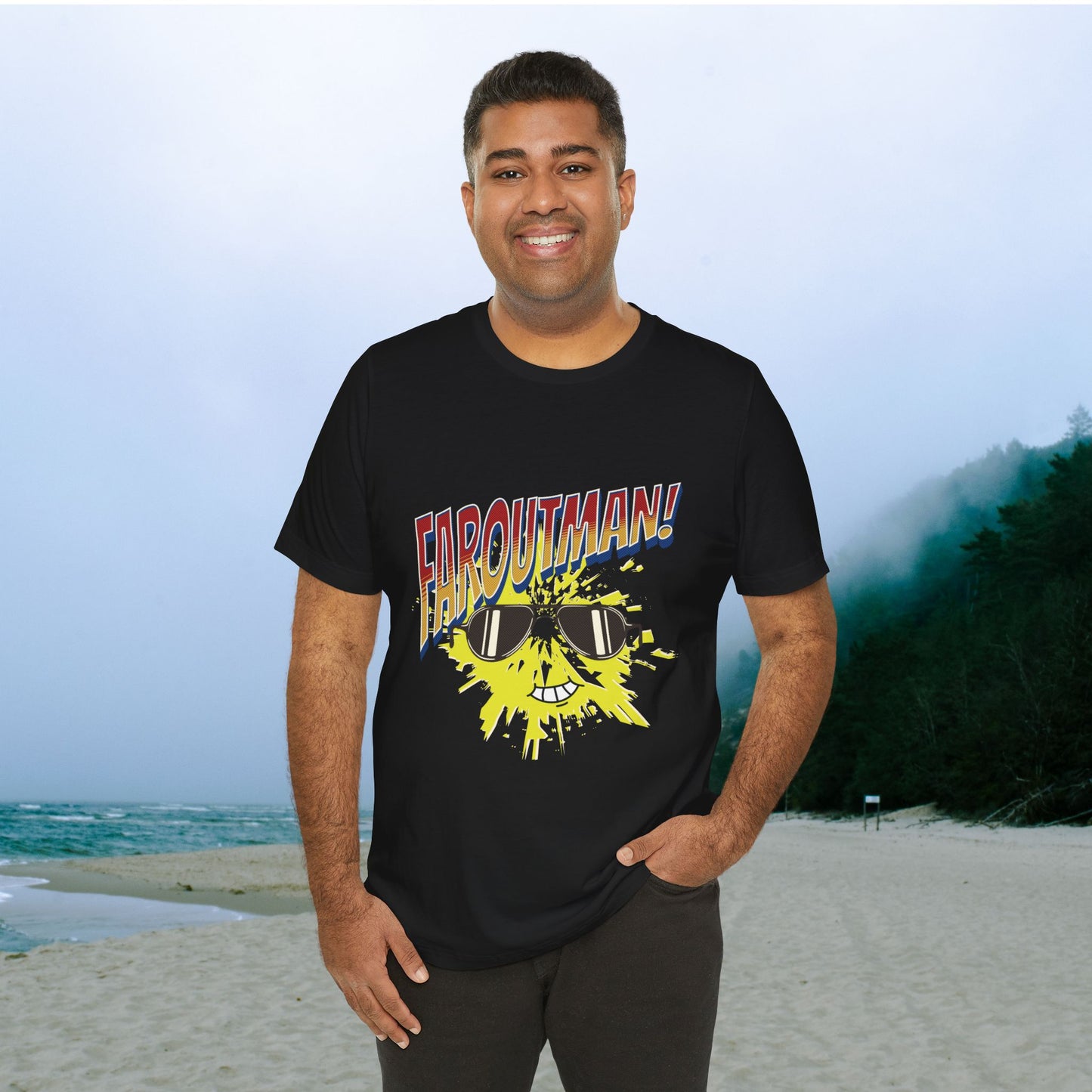 T-Shirt with &quot;FAROUTMAN&quot; Smiling Sun Design