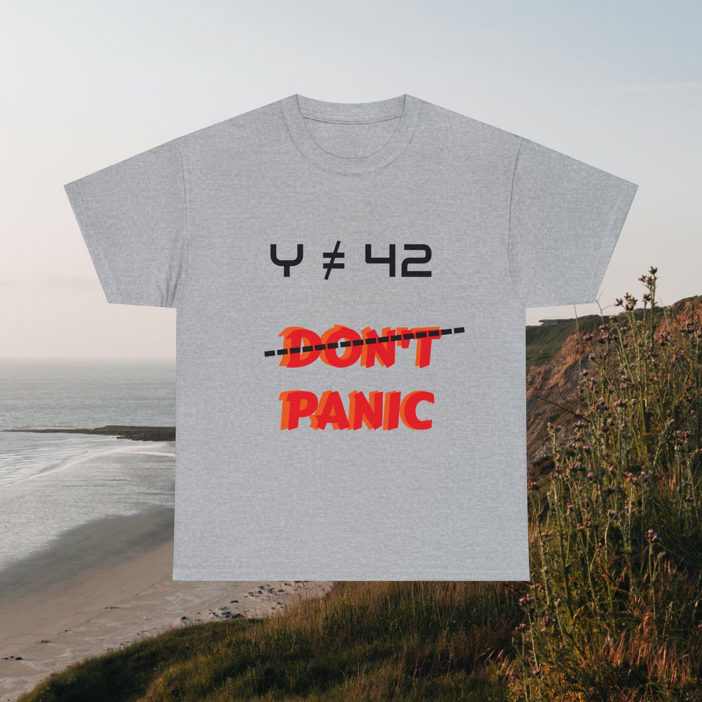 Grey tee with graphic "Don't Panic"