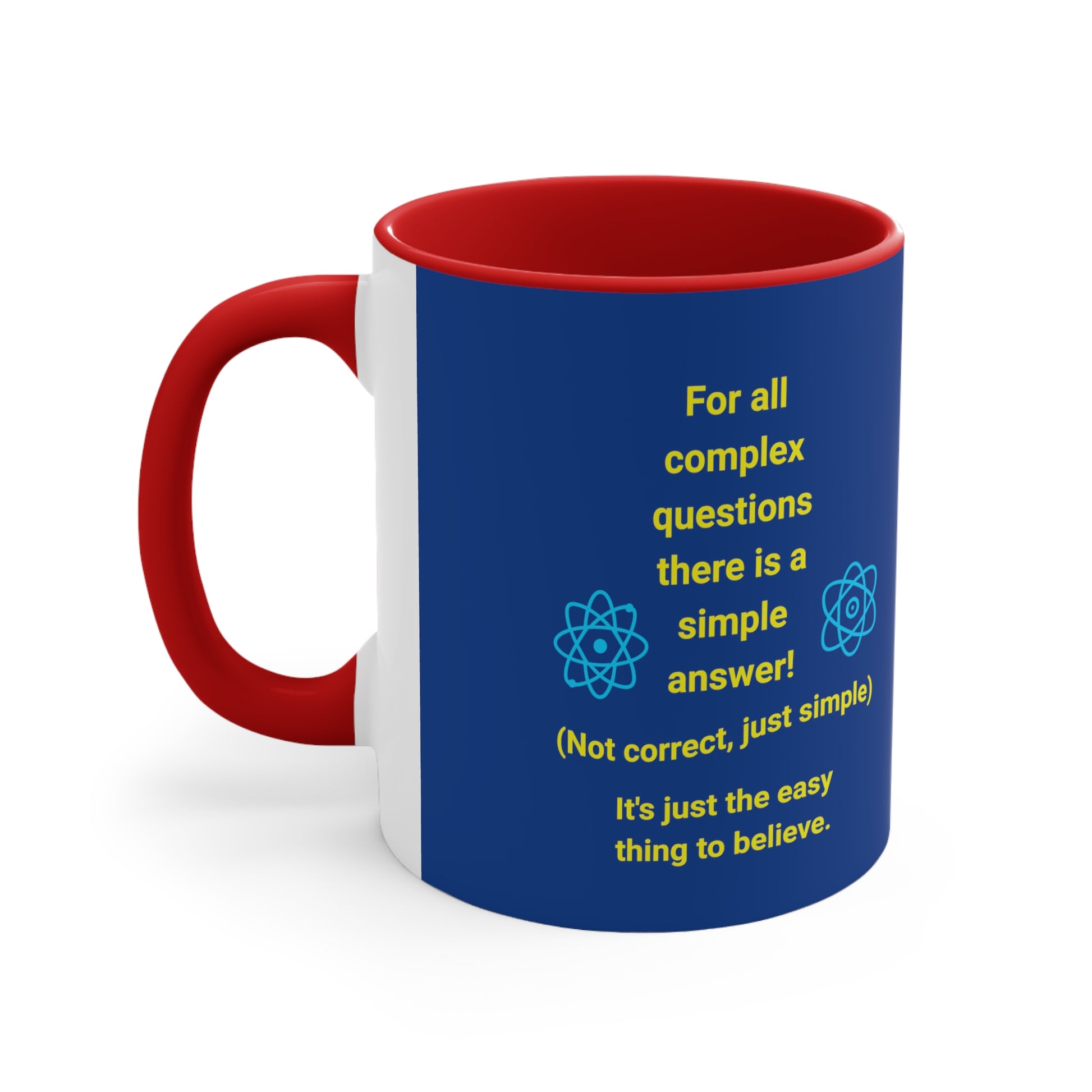 Blue mug with red handle and inside, with quote "Complex Questions" profile picture