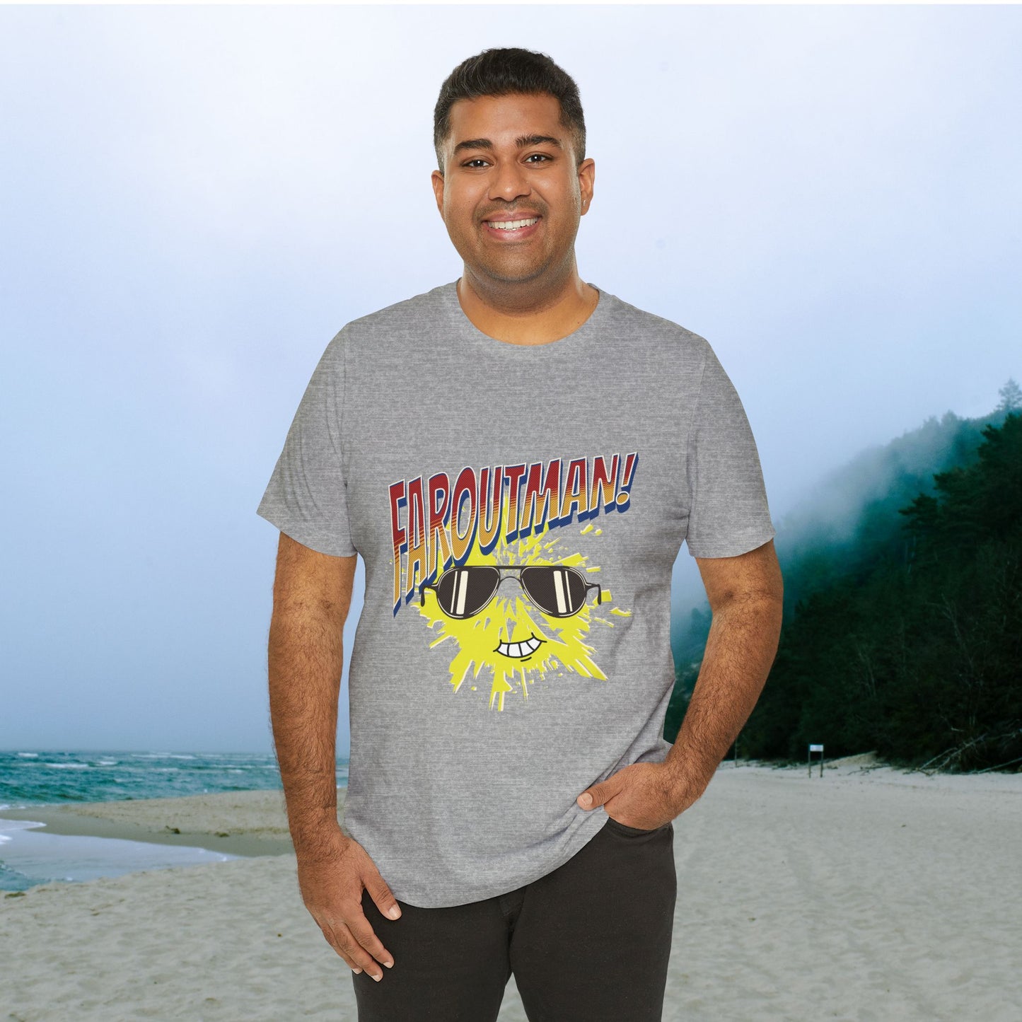 T-Shirt with &quot;FAROUTMAN&quot; Smiling Sun Design