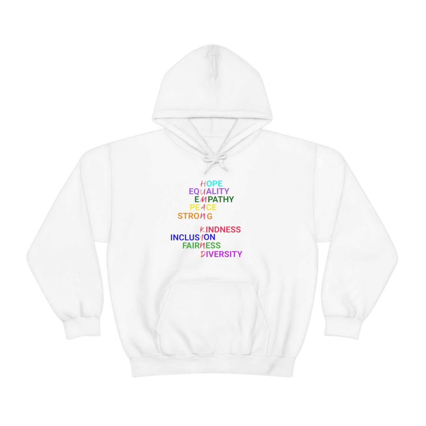 White hoodie with graphic "Human Kind"