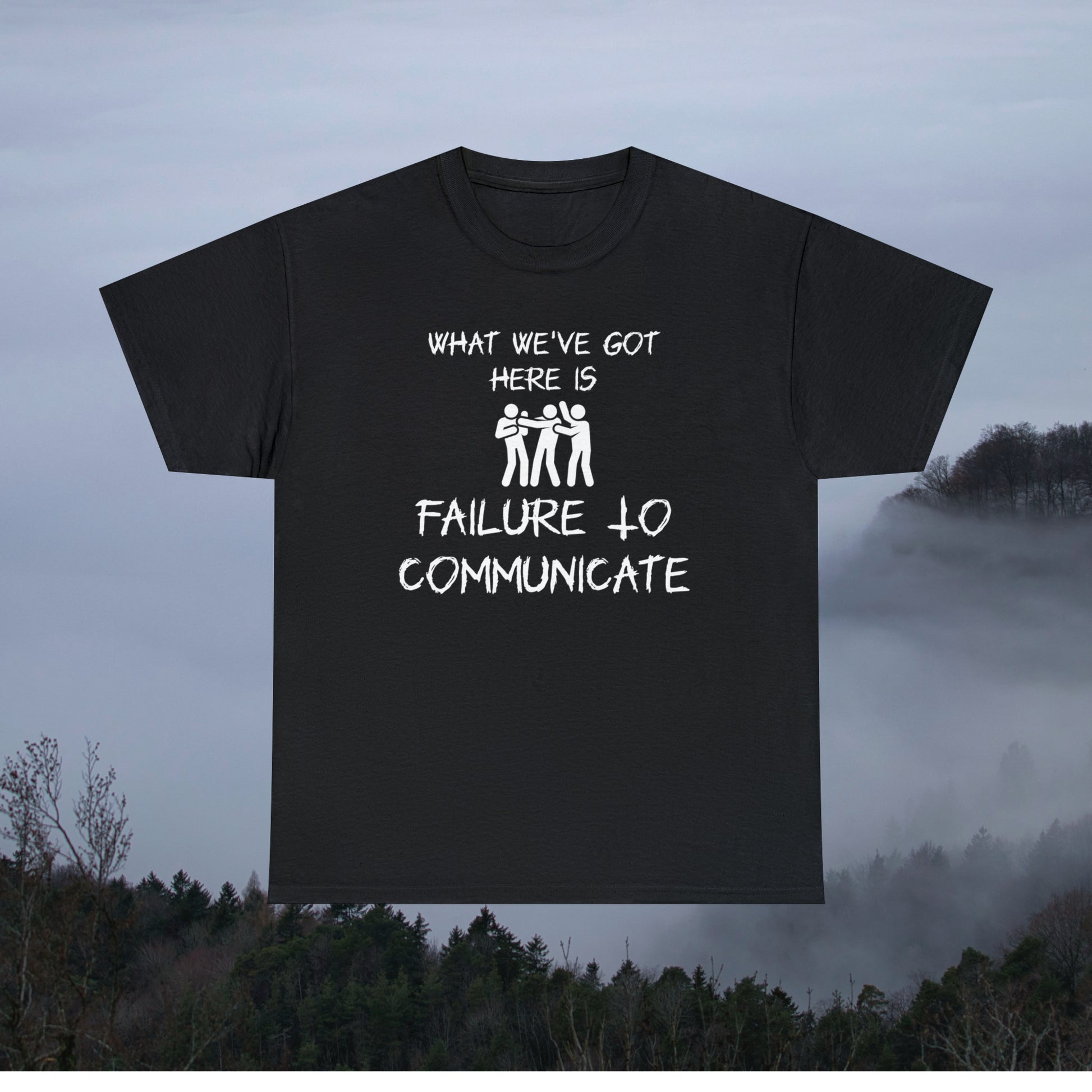 Black graphic tee with smoky mountains in background