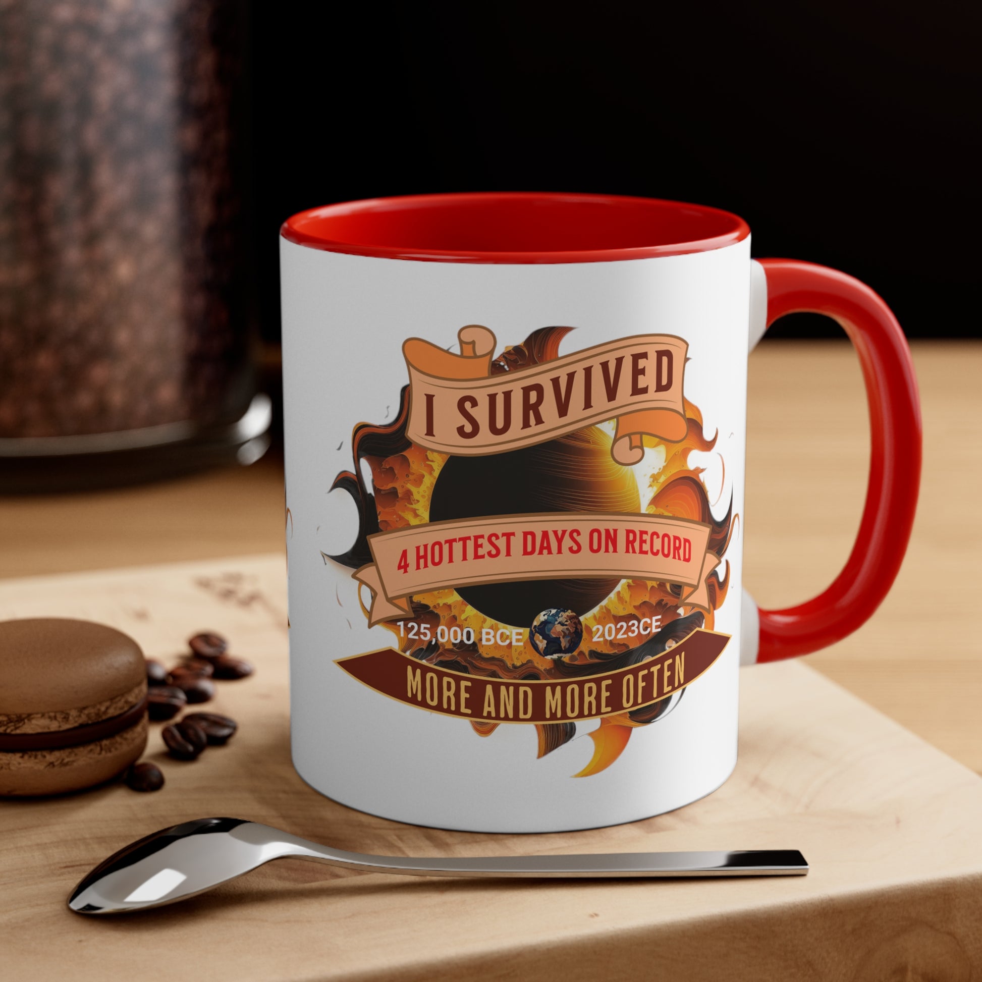 Red interior and handle on a white mug white graphic for "I survived the four hottest days""I survived the four hottest days"