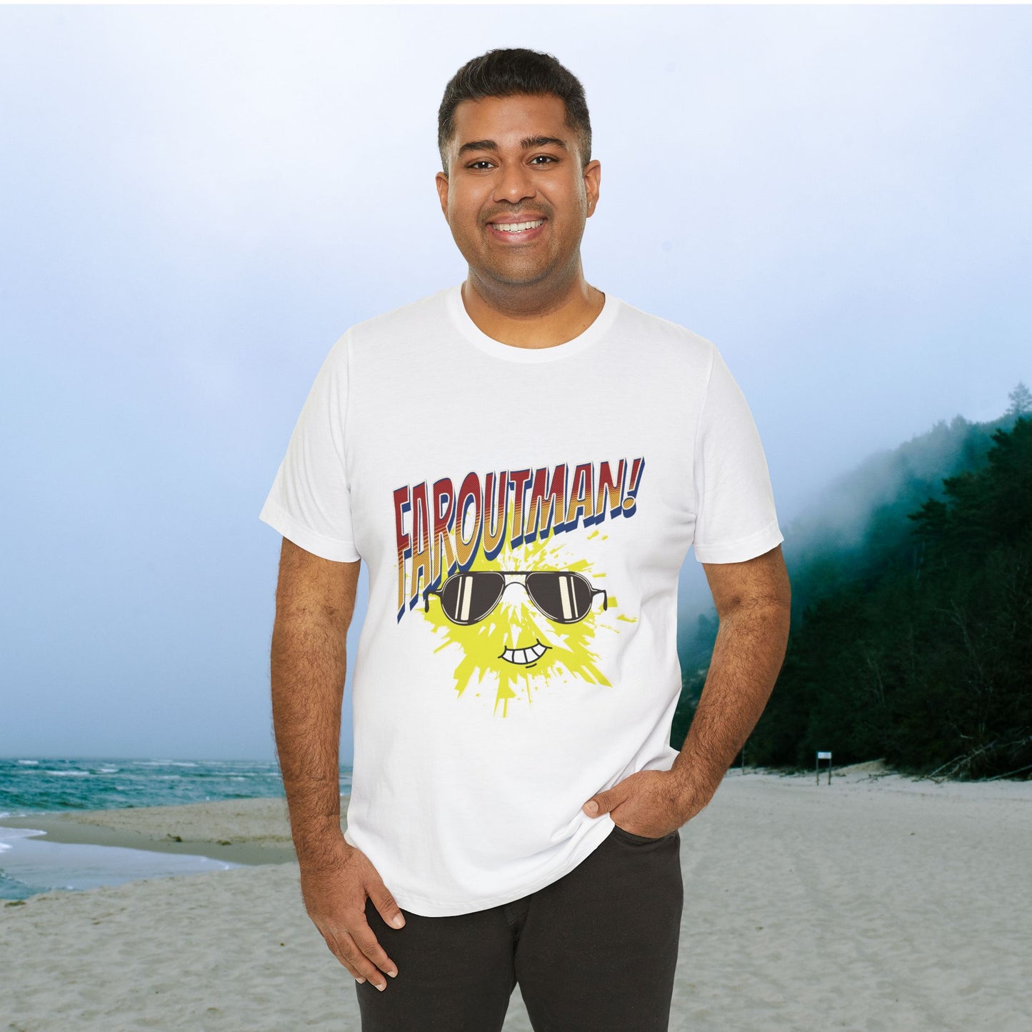 T-Shirt with &quot;FAROUTMAN&quot; Smiling Sun Design