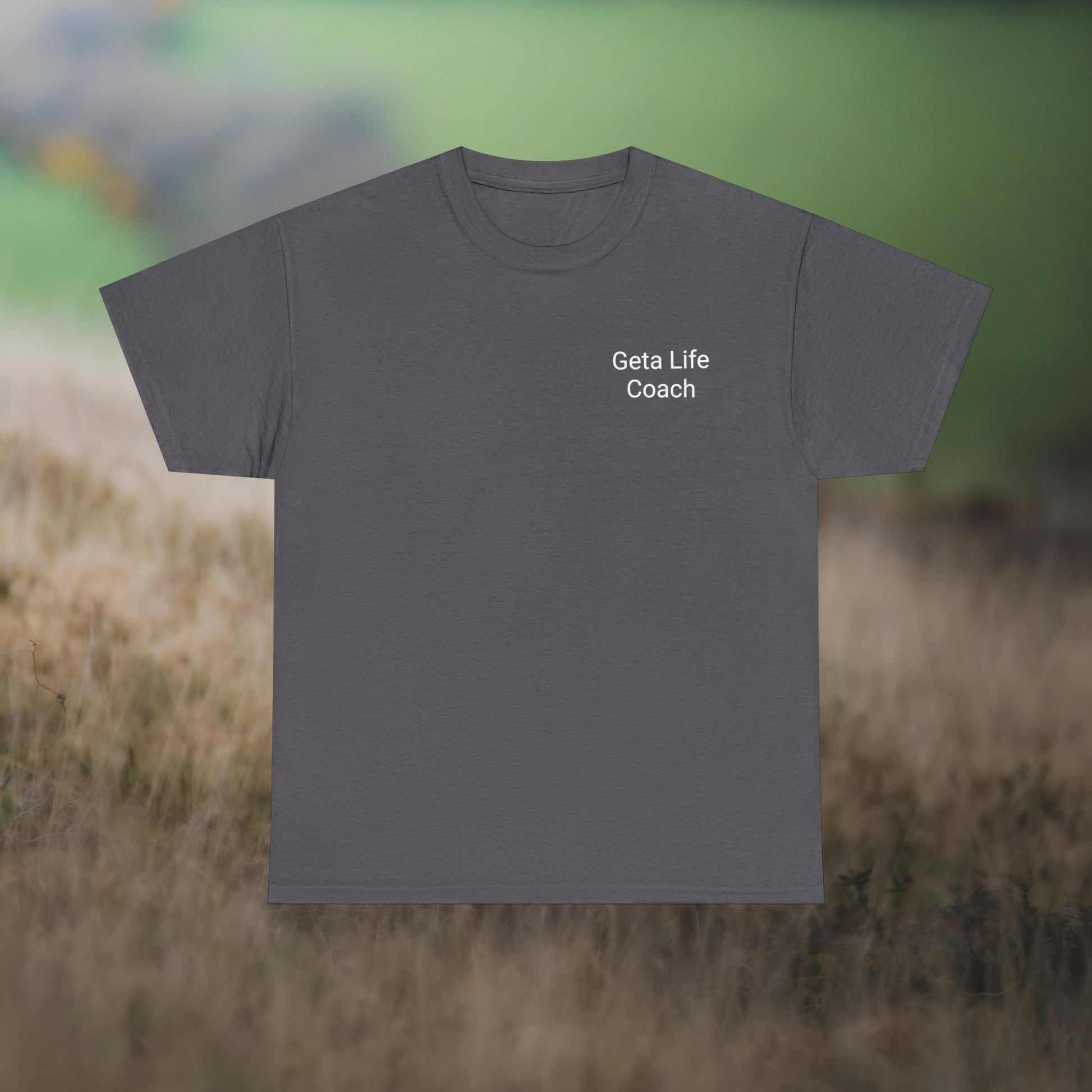 Grey tee for "Geta Life Coach (don't) Follow Me!" on a field background.