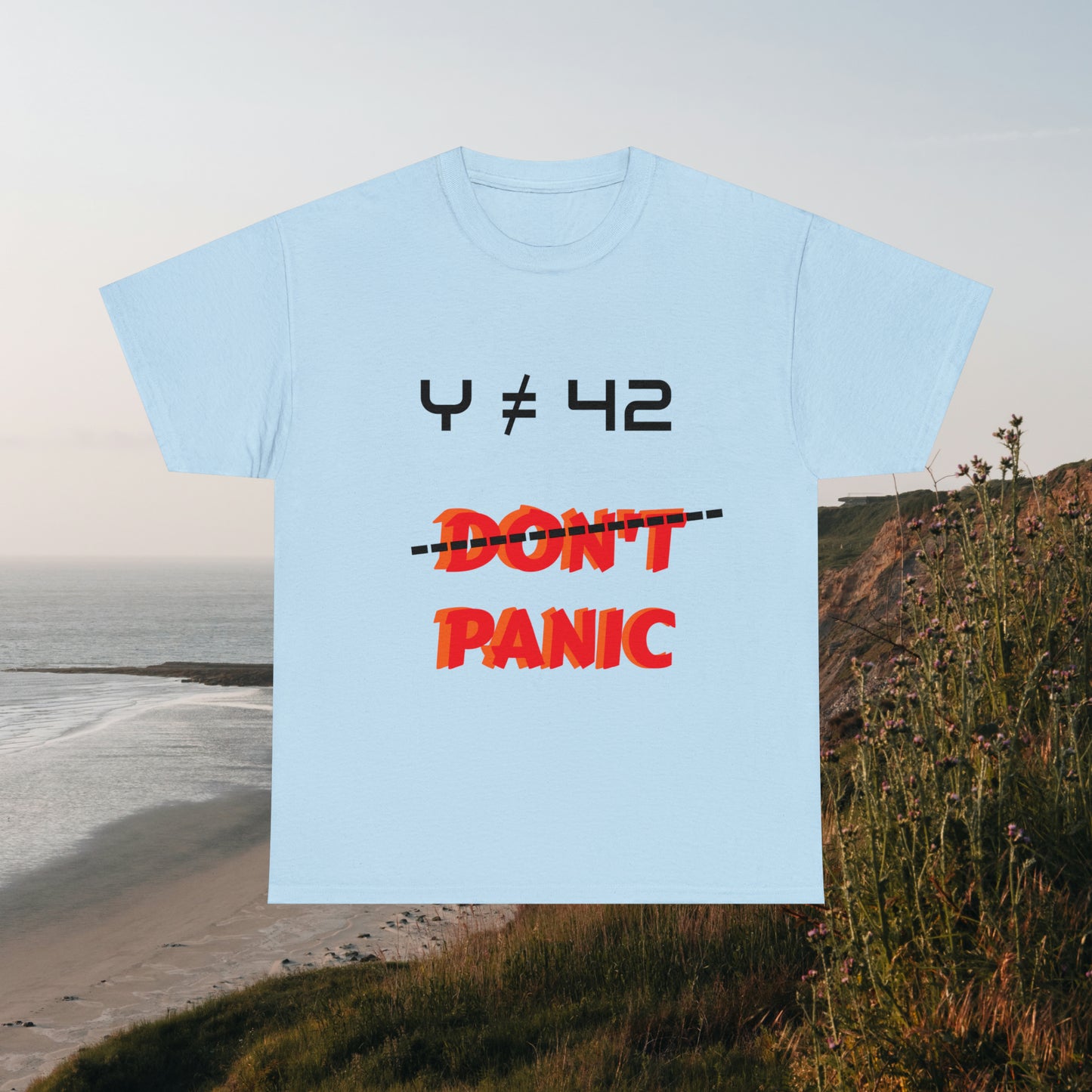 Light blue tee with graphic "Don't Panic"