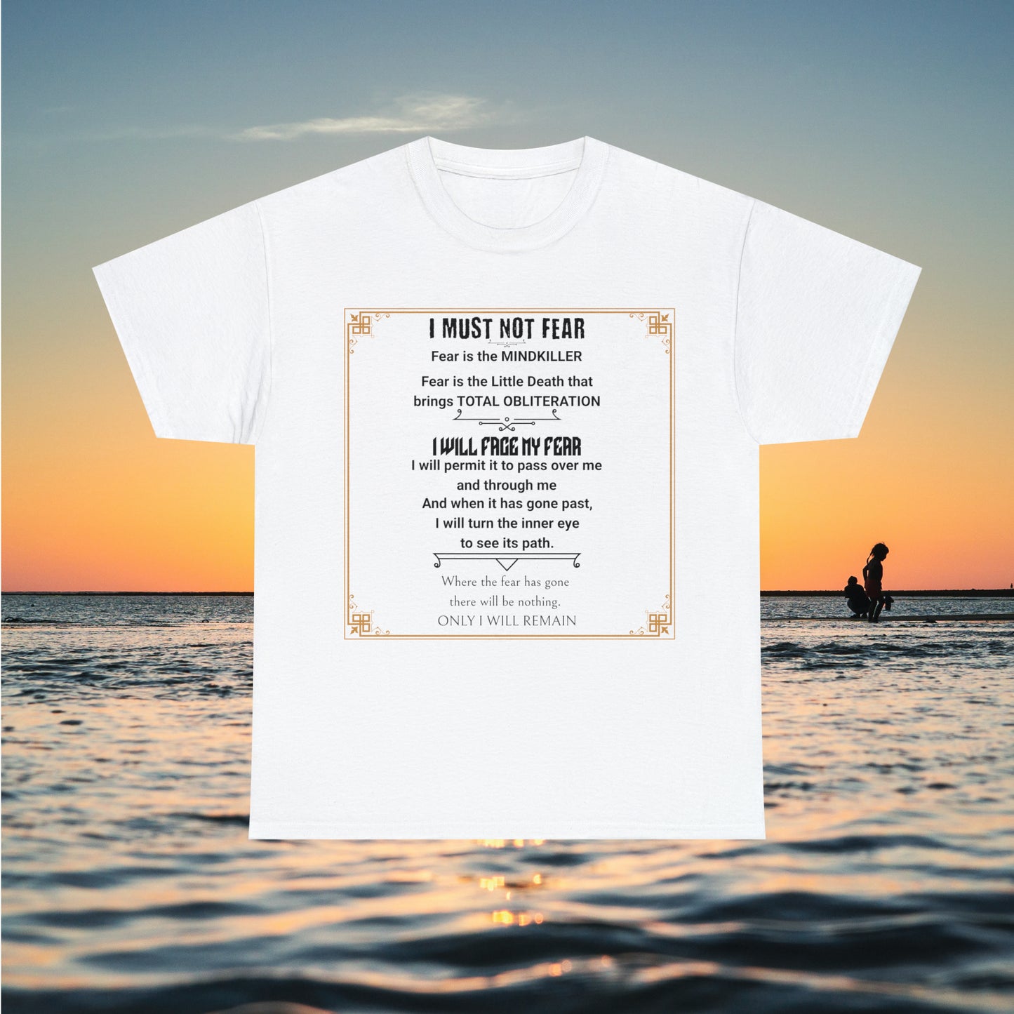 White tee with graphic of "Fear Litany"