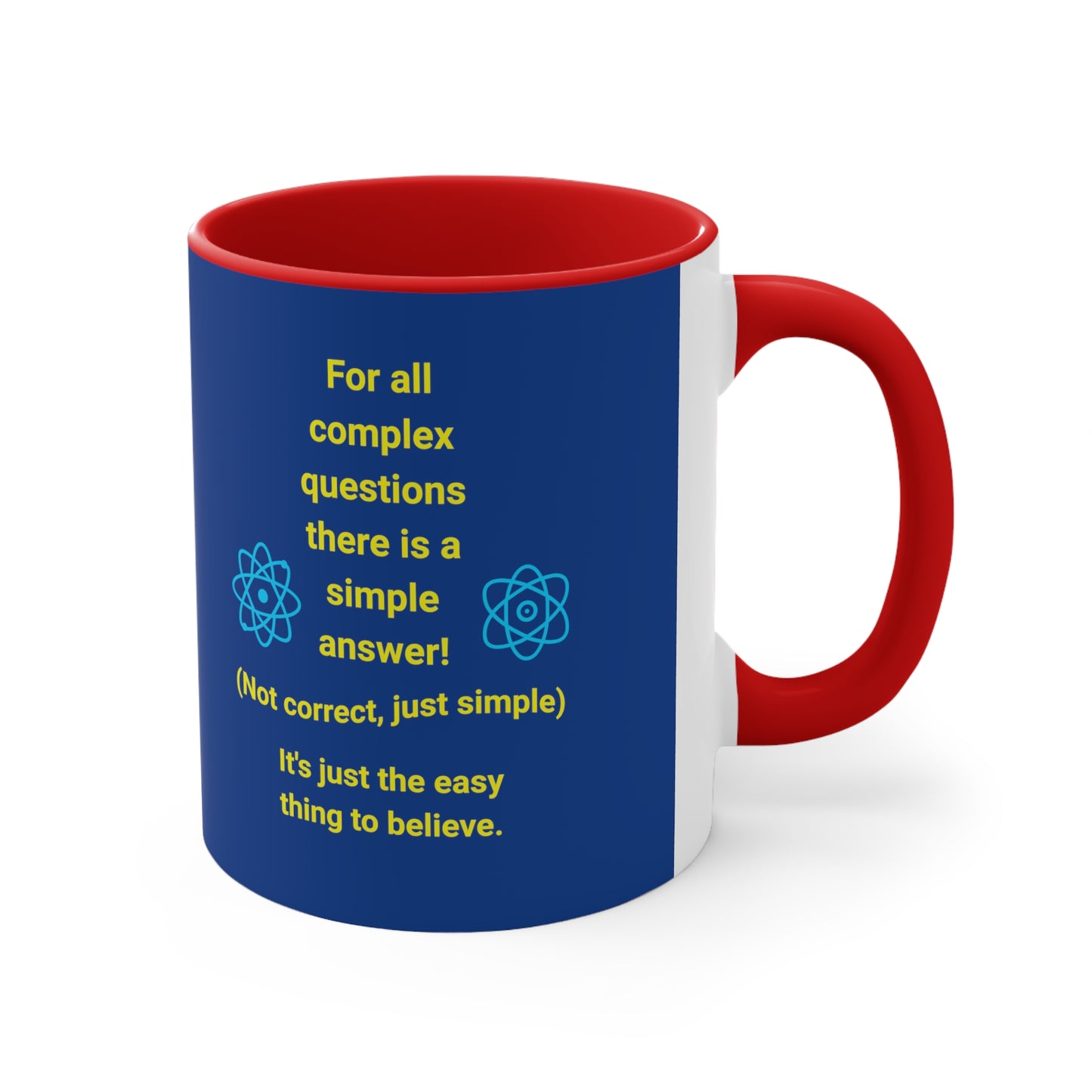 Blue mug with red handle and inside, with quote "Complex Questions" profile picture