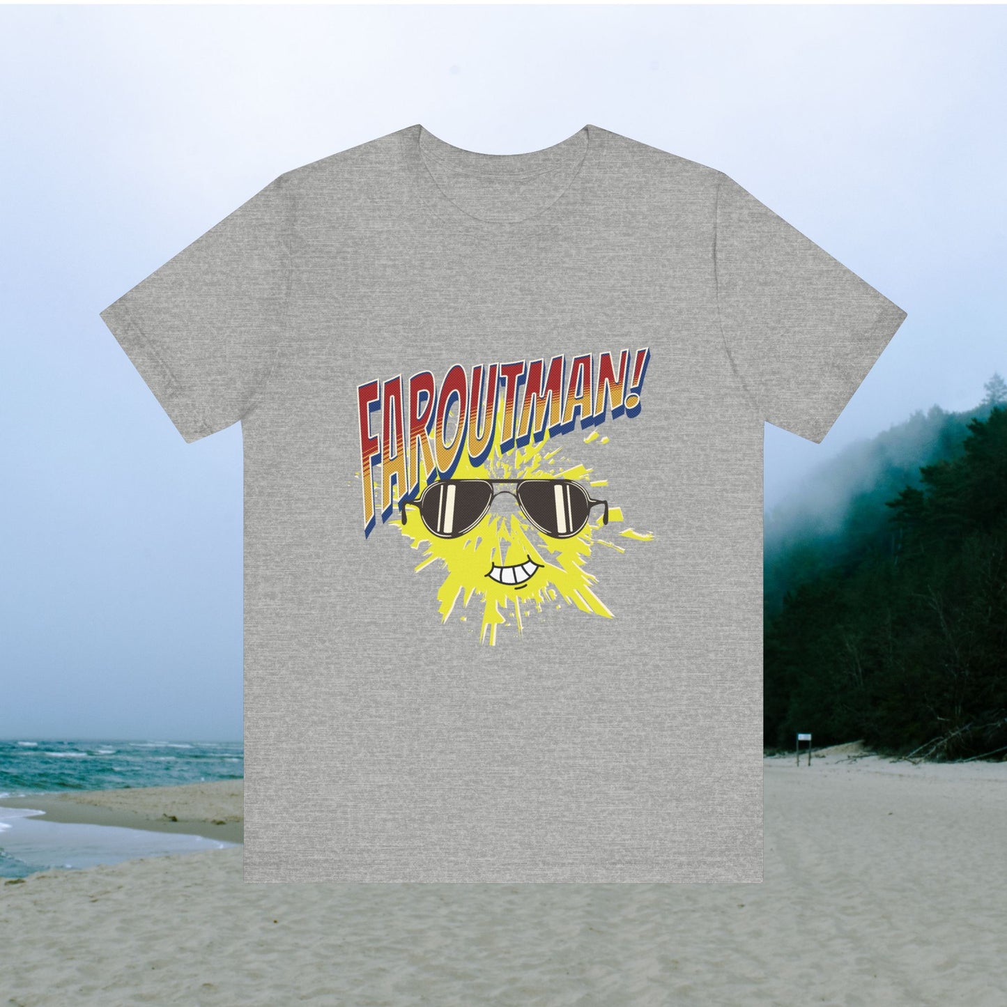 T-Shirt with &quot;FAROUTMAN&quot; Smiling Sun Design