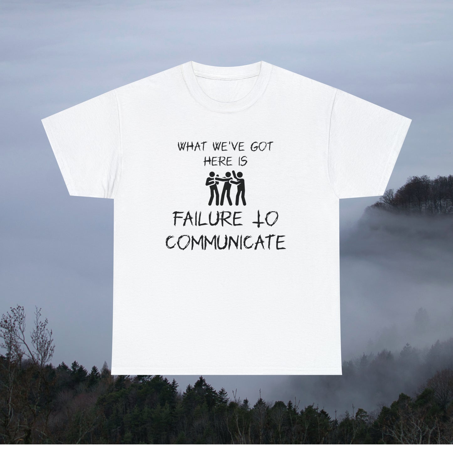 White graphic tee with smoky mountains in background