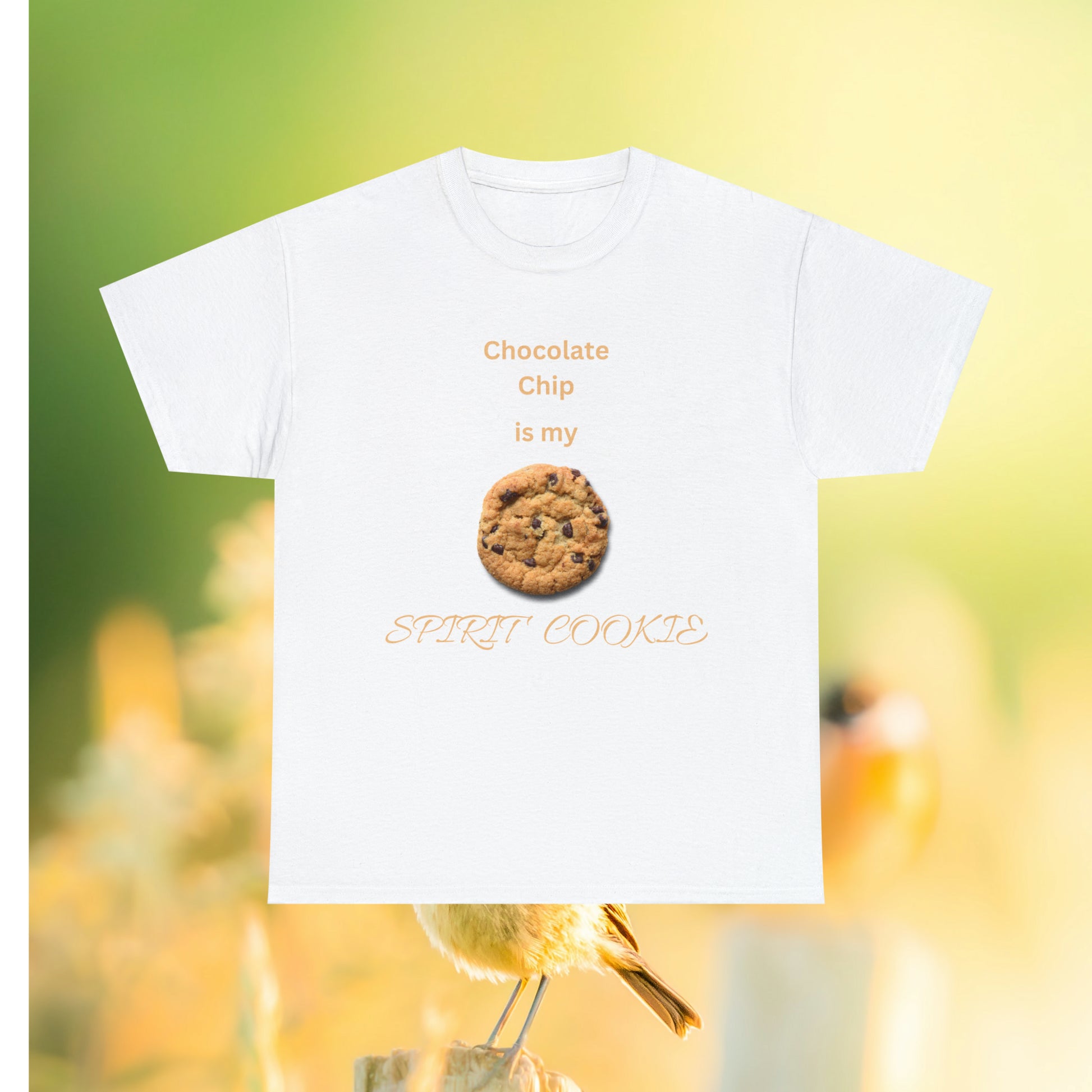 White  tee  with printed cookie and quote "Chocolate Chip is my Spirit Cookie"