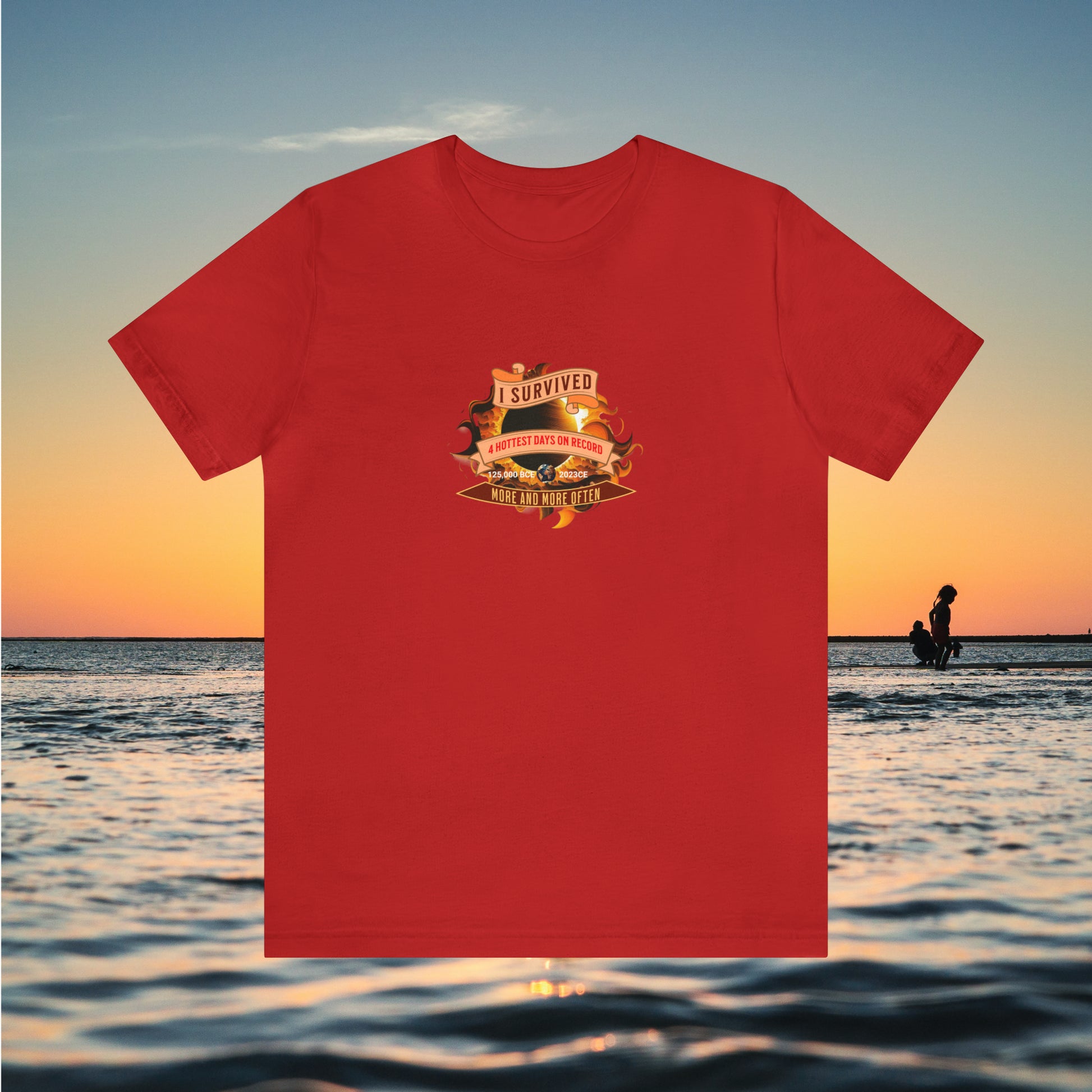 Red tee with graphic for "I Survived..."with ocean background