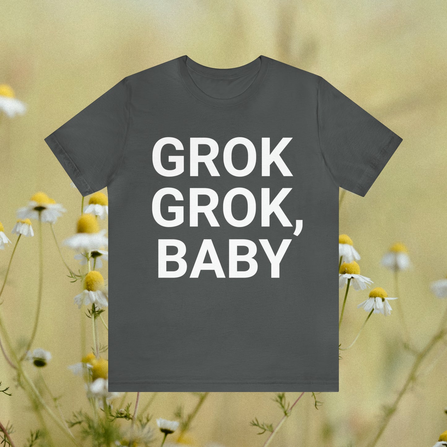 Grey tee with "Grok Grok, Baby!"