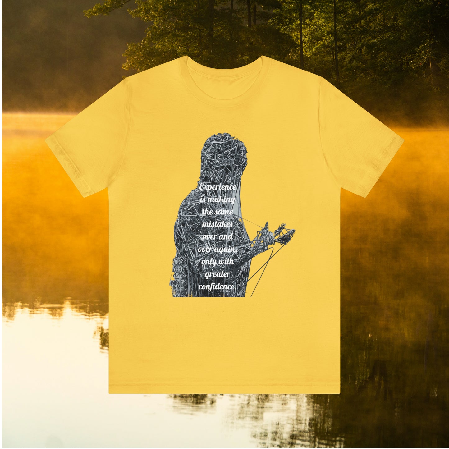 Yellow tee on golden pond background with "Experience is making the same mistakes" monster graphic