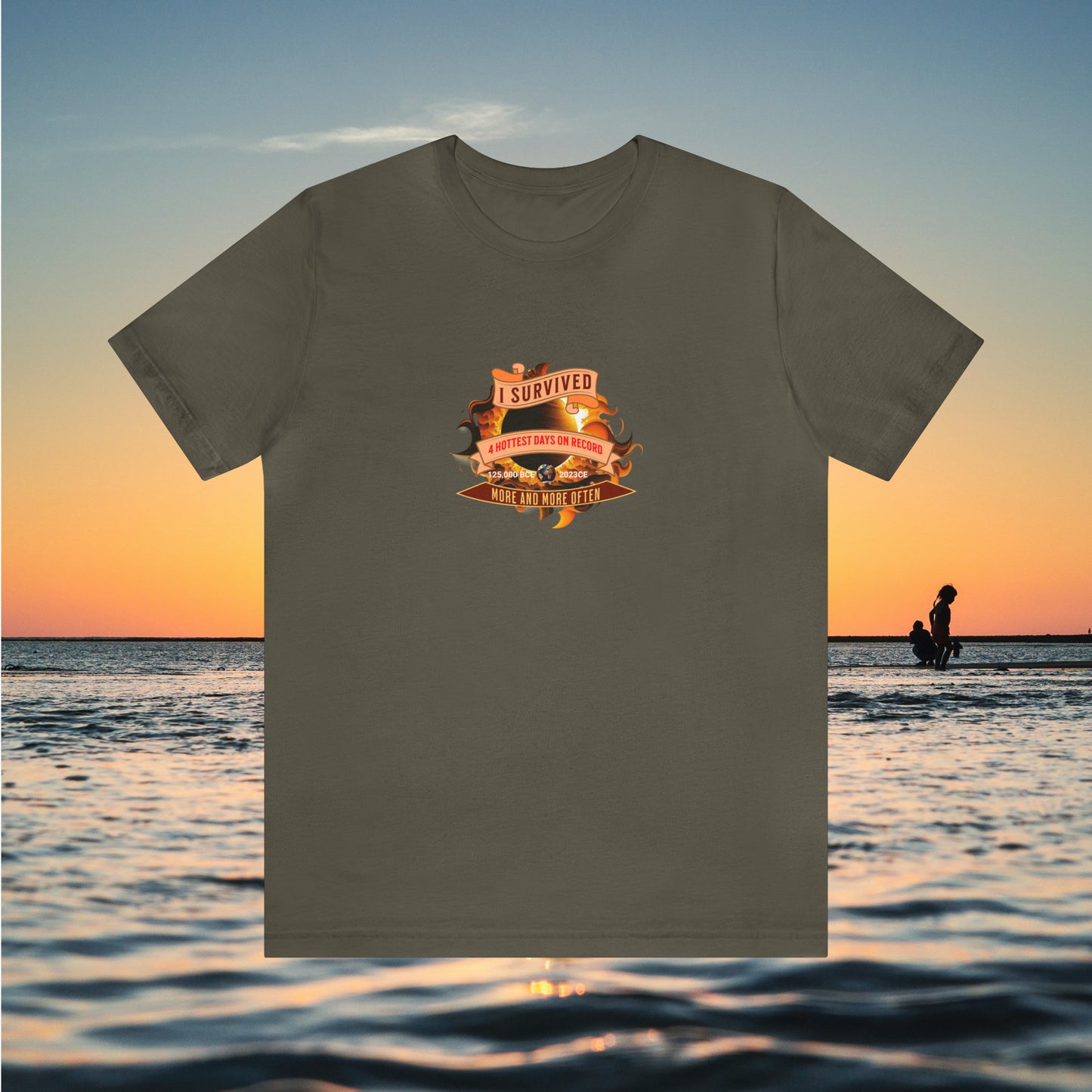 Grey tee with graphic for "I Survived..."with ocean background