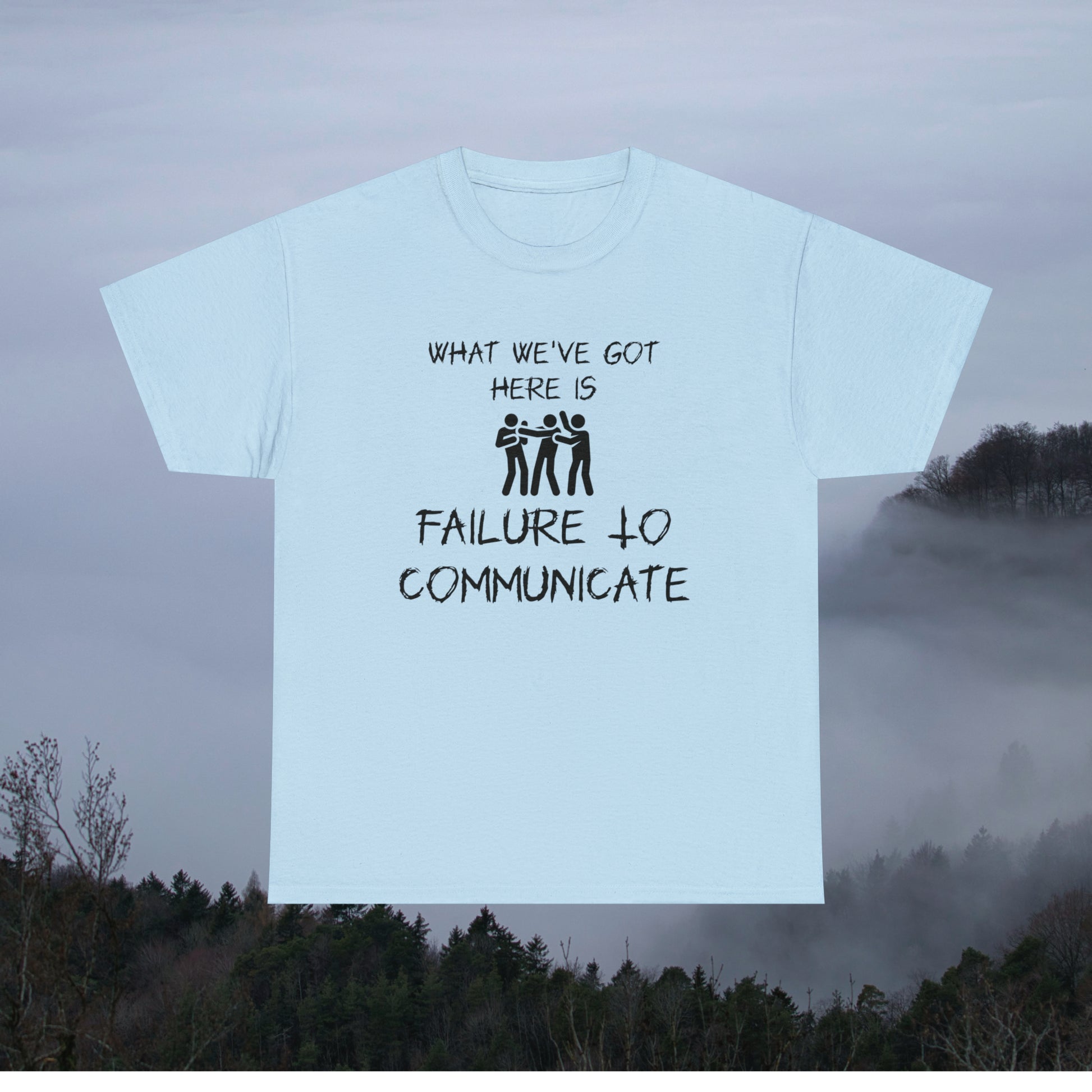 White graphic tee with smoky mountains in background