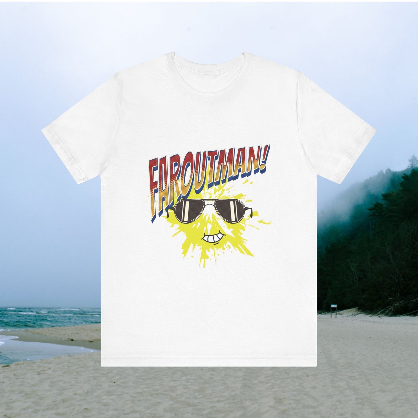 T-Shirt with &quot;FAROUTMAN&quot; Smiling Sun Design