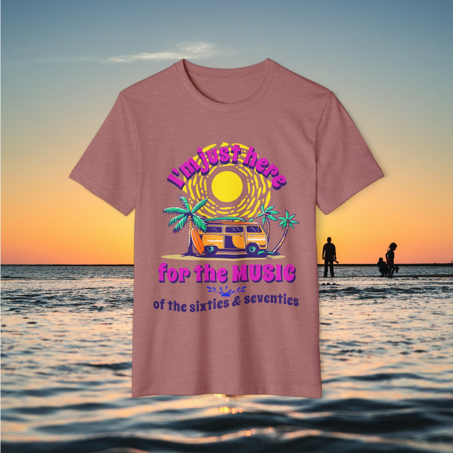 Mauve graphic tee with beach background