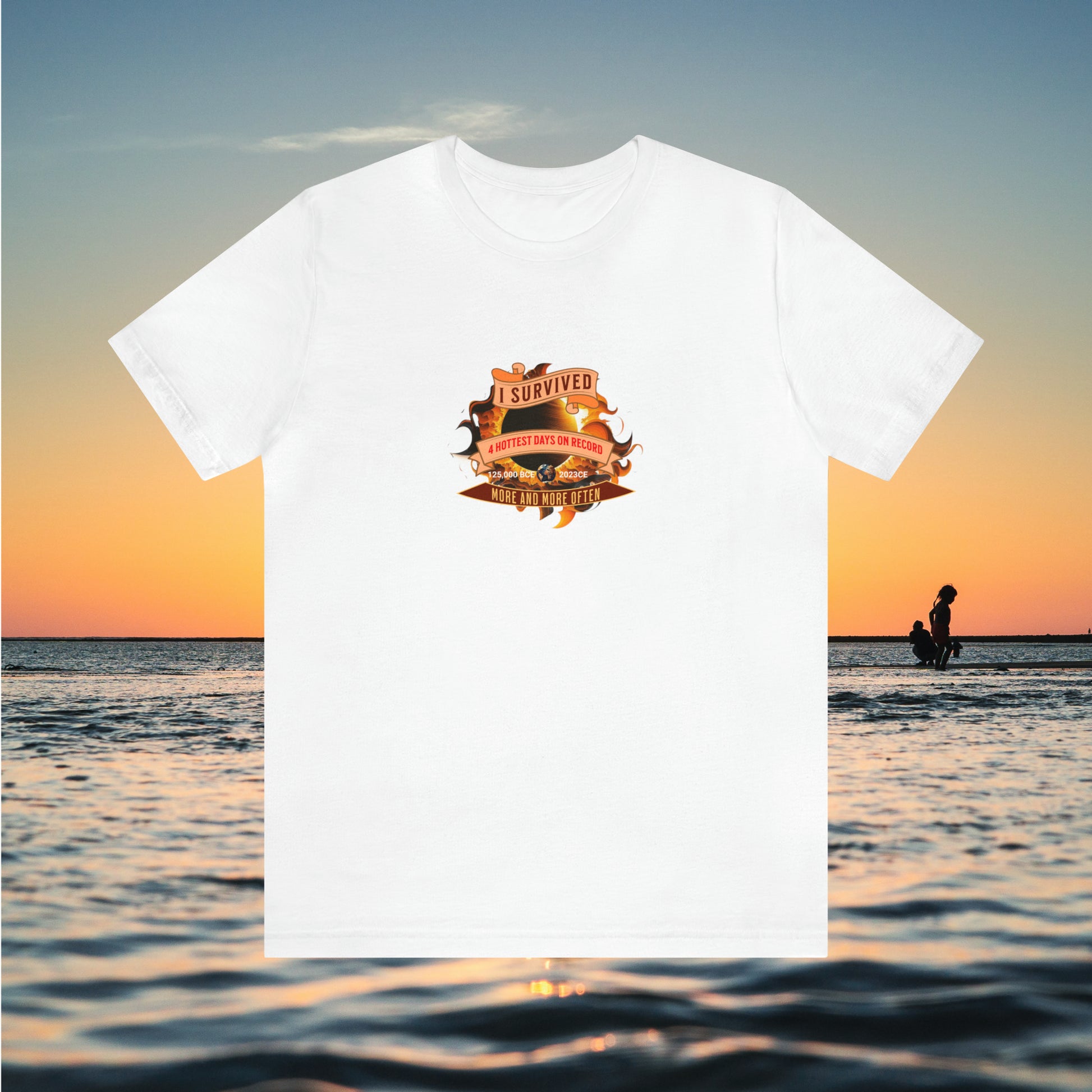 White tee with graphic for "I Survived..."with ocean background