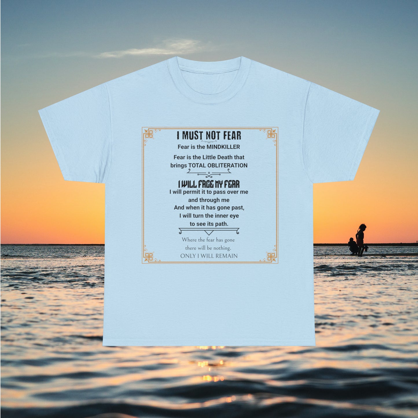 Light blue tee with graphic of "Fear Litany"