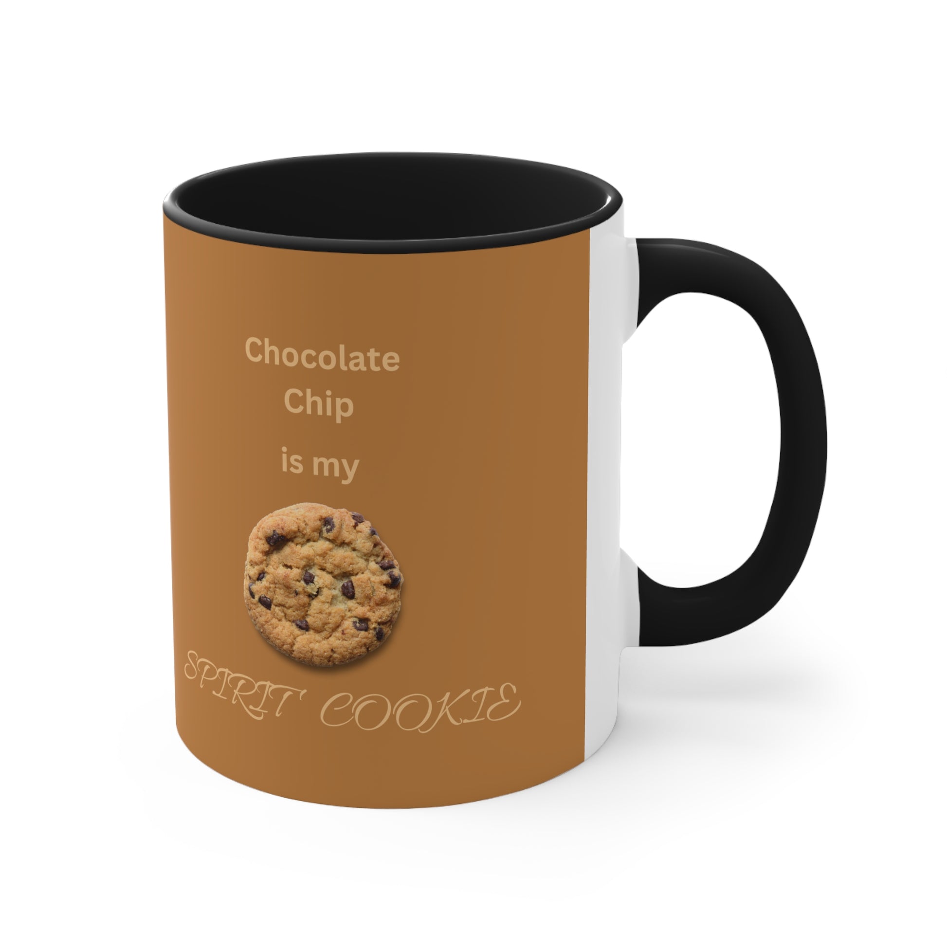 Cup with "Chocolate Chip is my Spirit Cookie" on a milk chocolate background, side view