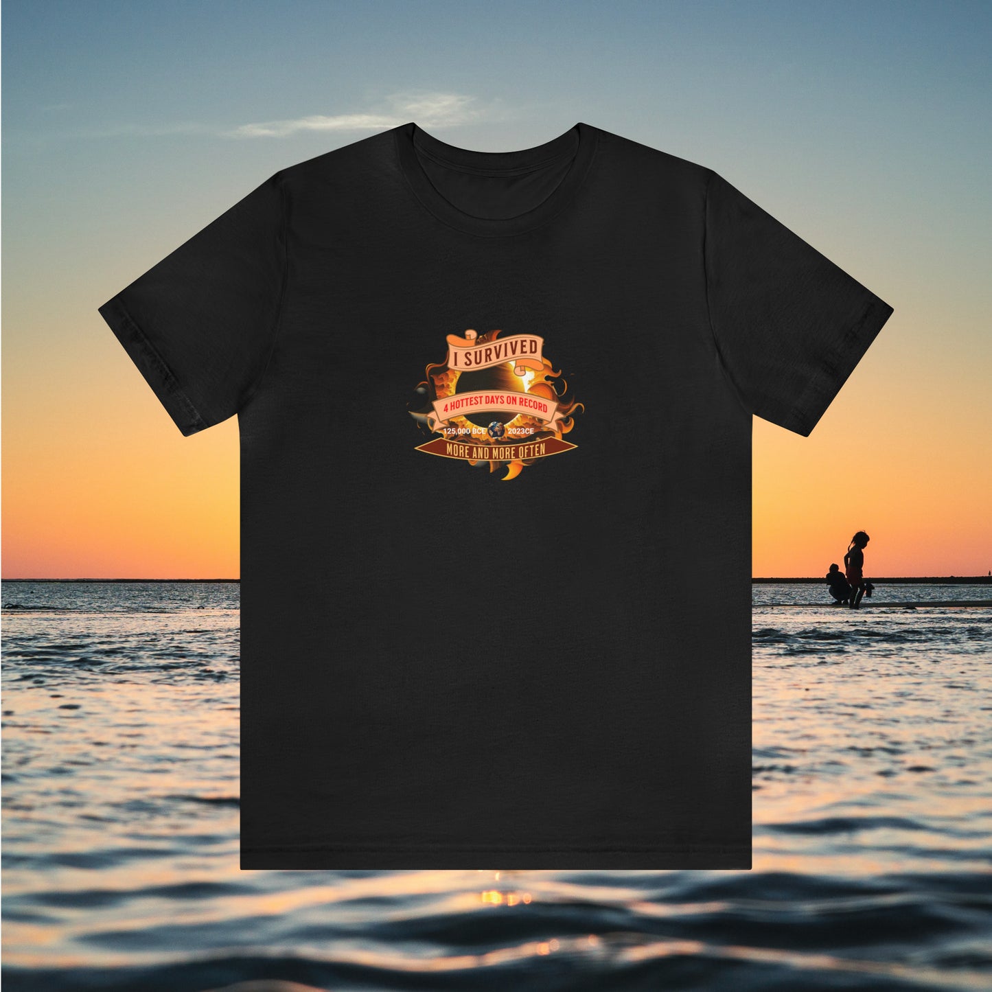 Black tee with graphic for "I Survived..."with ocean background