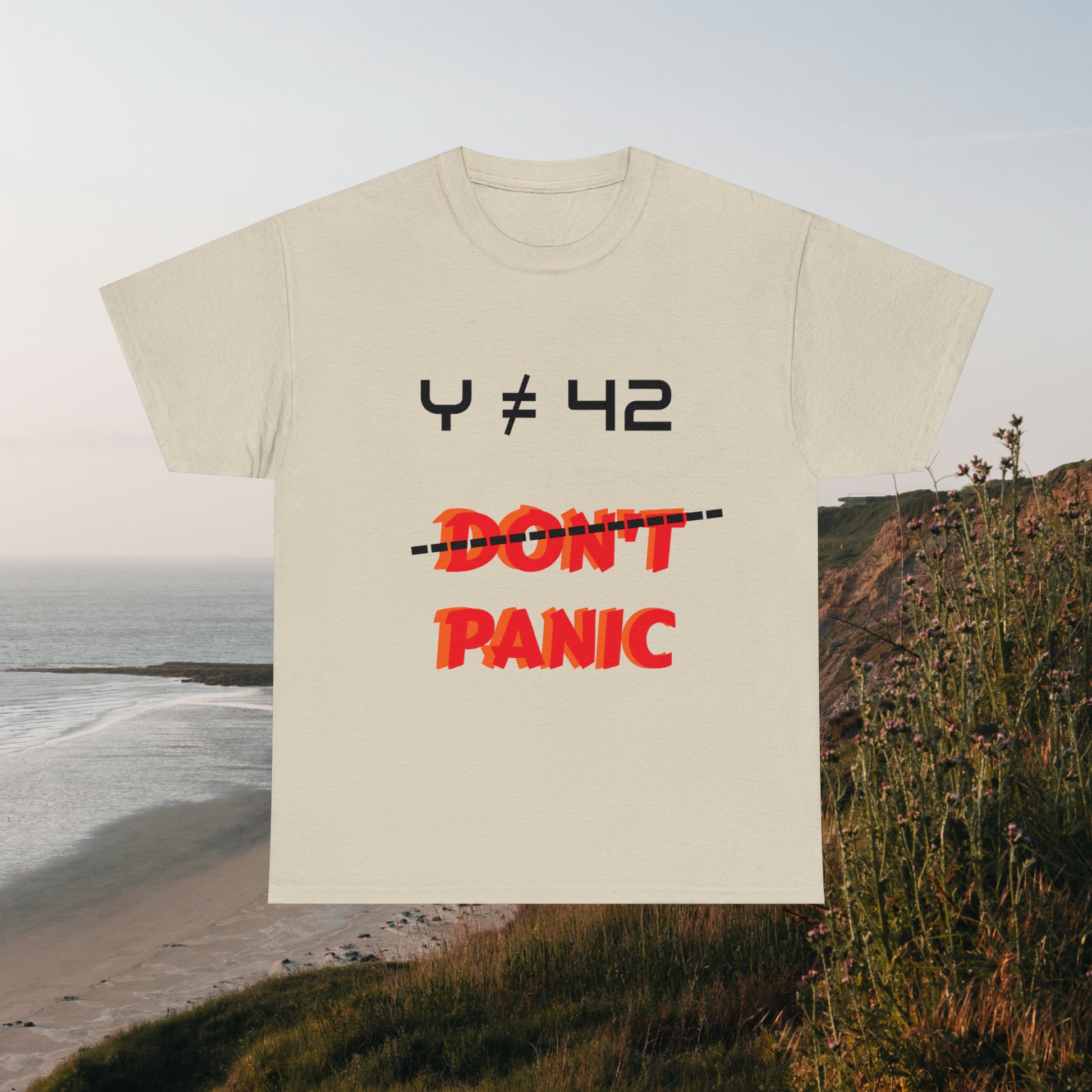 Sand tee with graphic "Don't Panic"