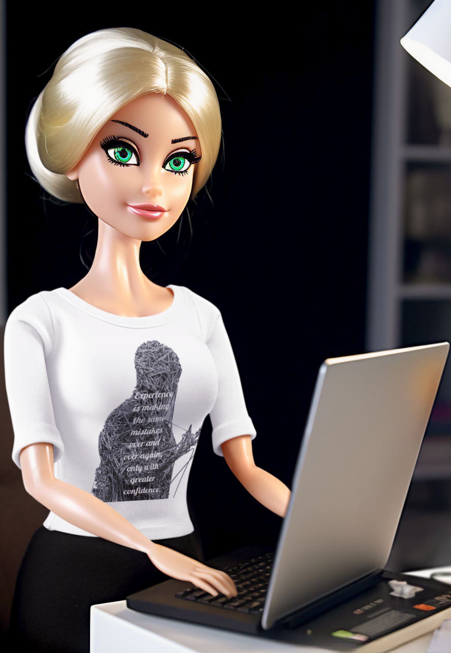 Office Barbie at computer wearing white tee with "Experience is making the same mistakes" monster graphic