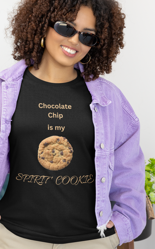 Curly haired women with sunglasses wearing black tee "Chocolate Chip is my Spirit Cookie"