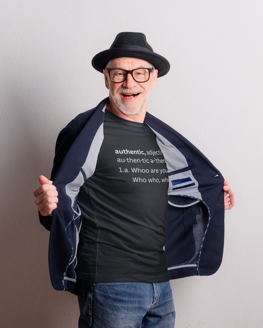 Man in hat flashing open jacket to display tshirt.