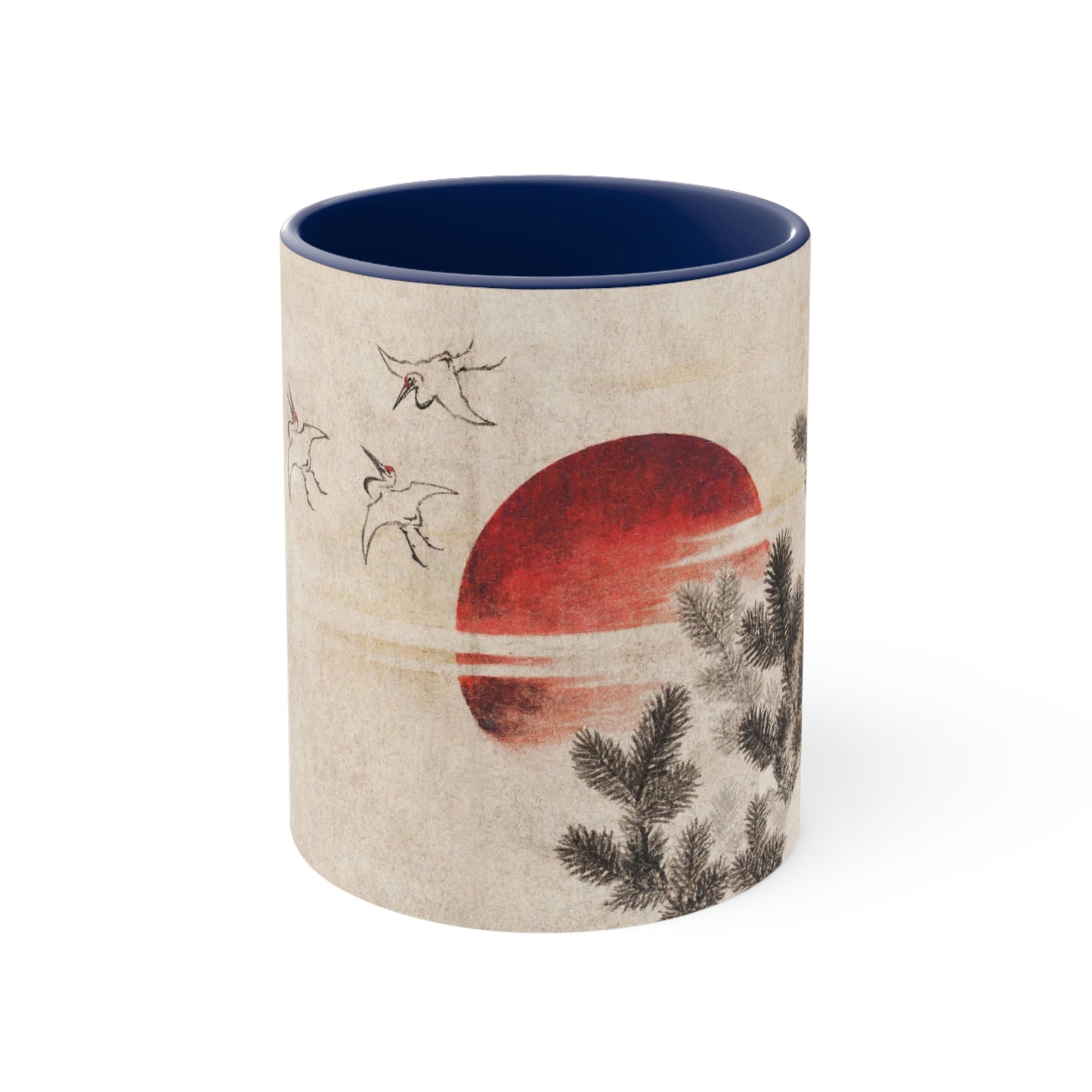 Blue interior and handle "birds and sunset" (1814), by Katsushika-Hokusai mug