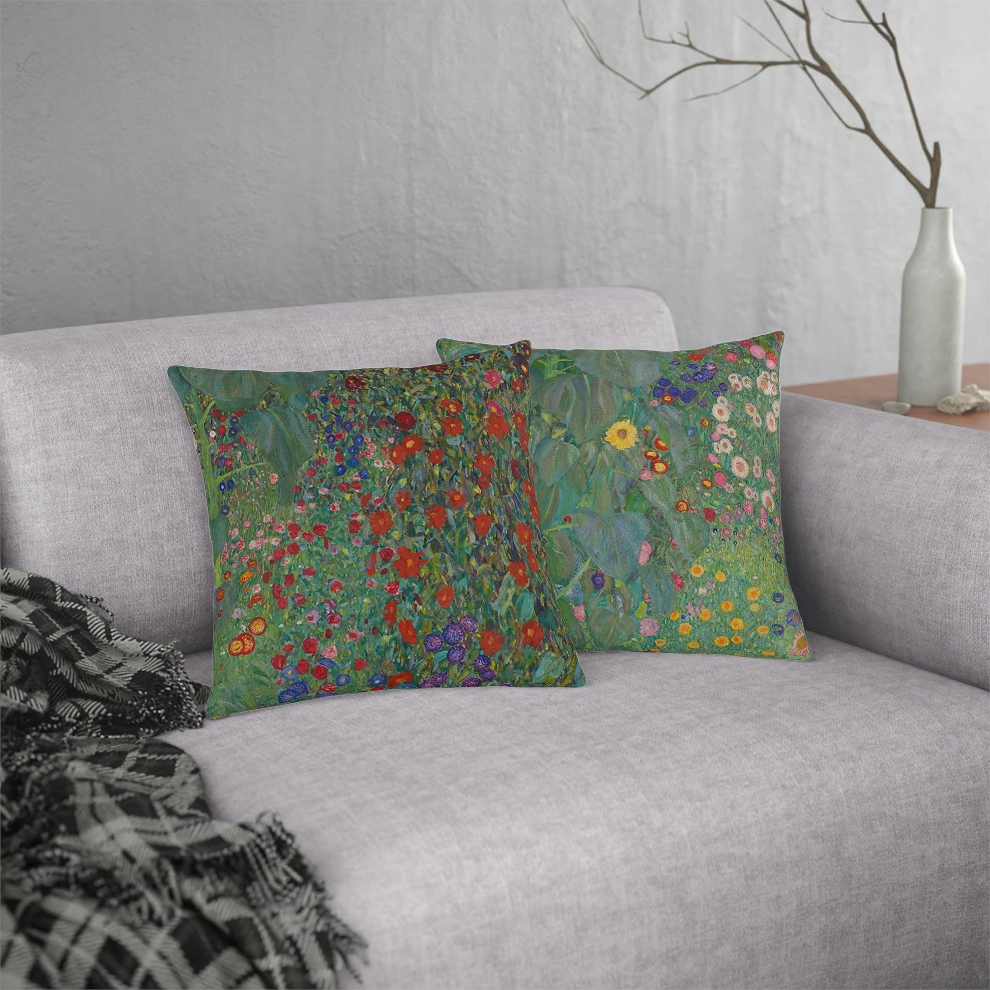 "Farm Garden with Sunflowers" by Klimt Waterproof Pillow, both sides, on modern couch