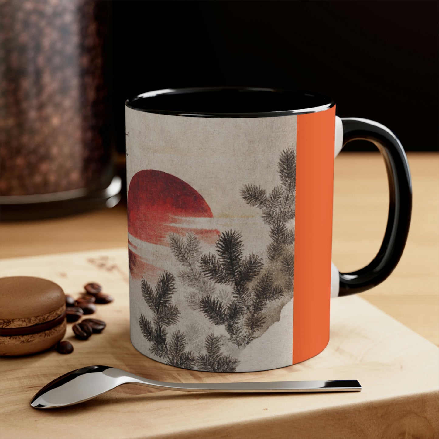 Black interior "birds and sunset" (1814), by Katsushika-Hokusai mug on table.