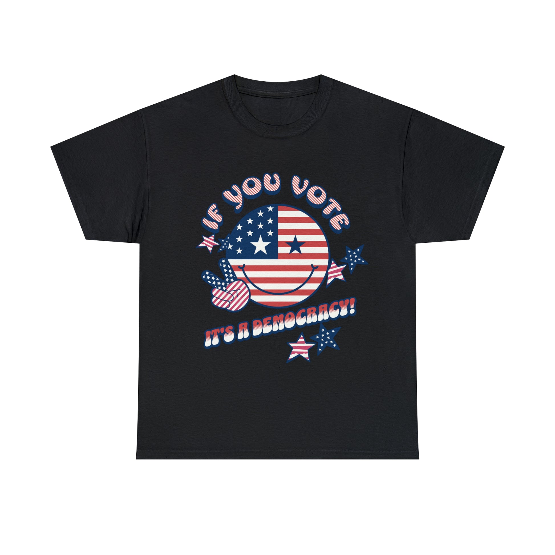 Navy T-shirt with graphic "If you vote, it's a Democracy"