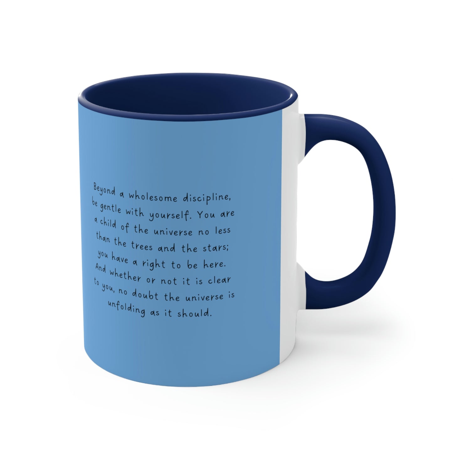 "Left profile of blue mug with quote "Desiderata, You are a Child of the Universe"