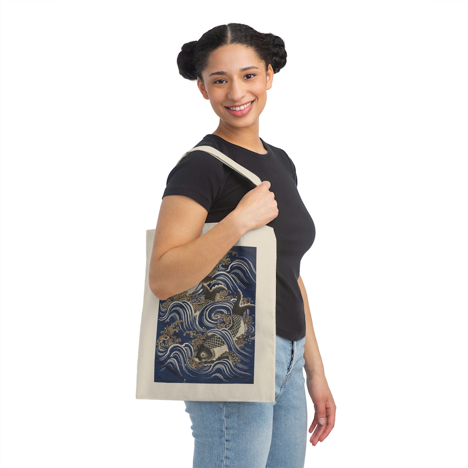 "Carp in Waves" graphic on Canvas Tote, on shoulder of young woman