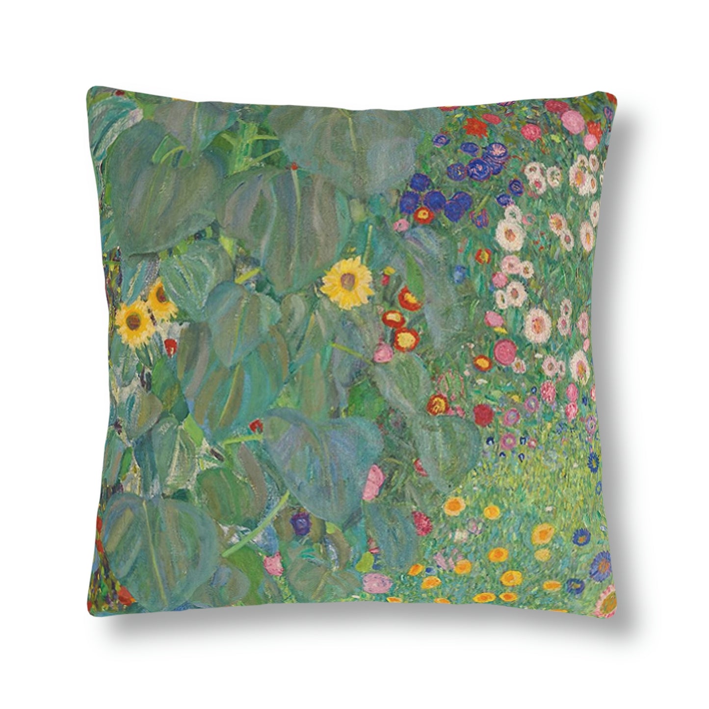 "Farm Garden with Sunflowers" by Klimt Waterproof on the flip side of the Pillow