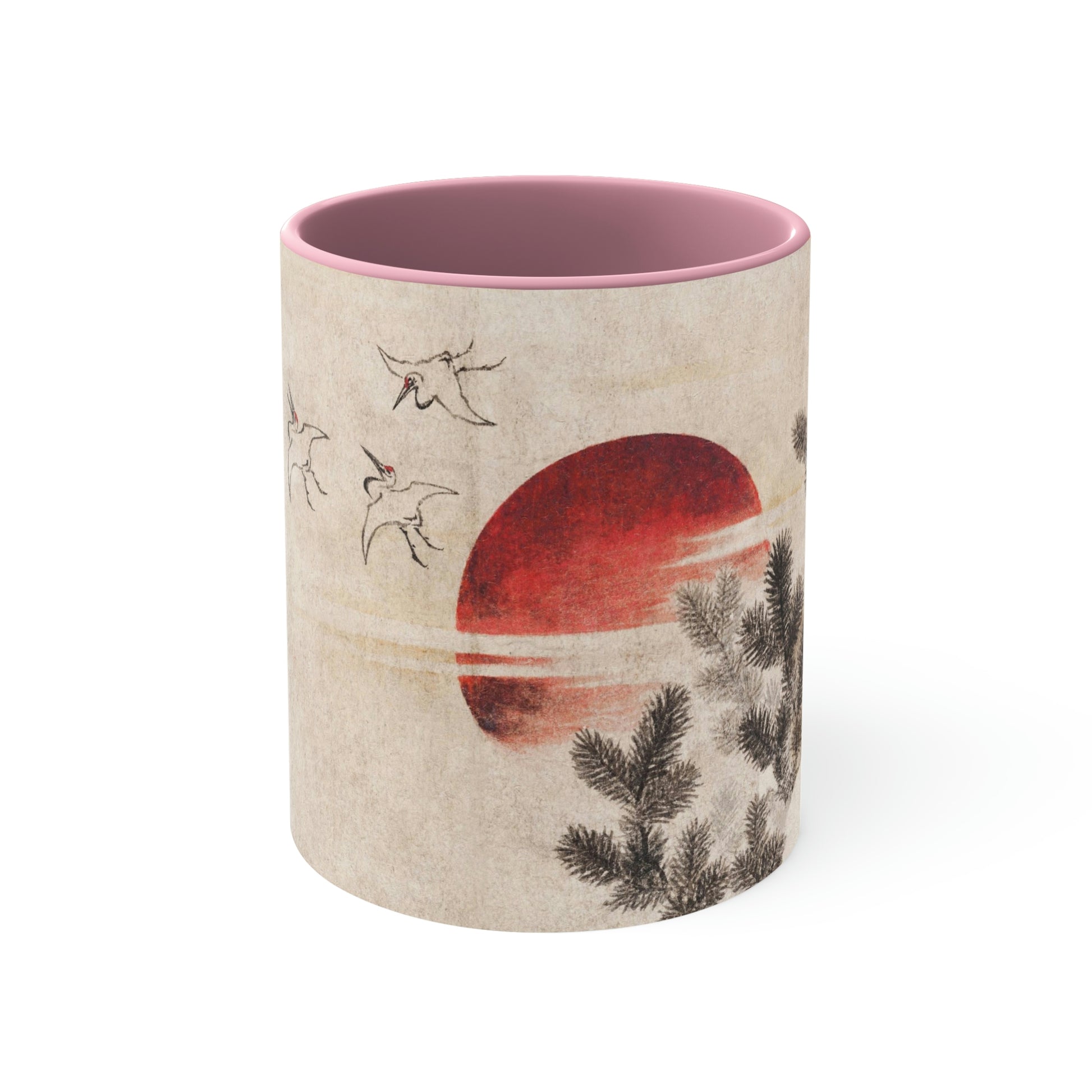 Pink "birds and sunset" (1814), by Katsushika-Hokusai mug 