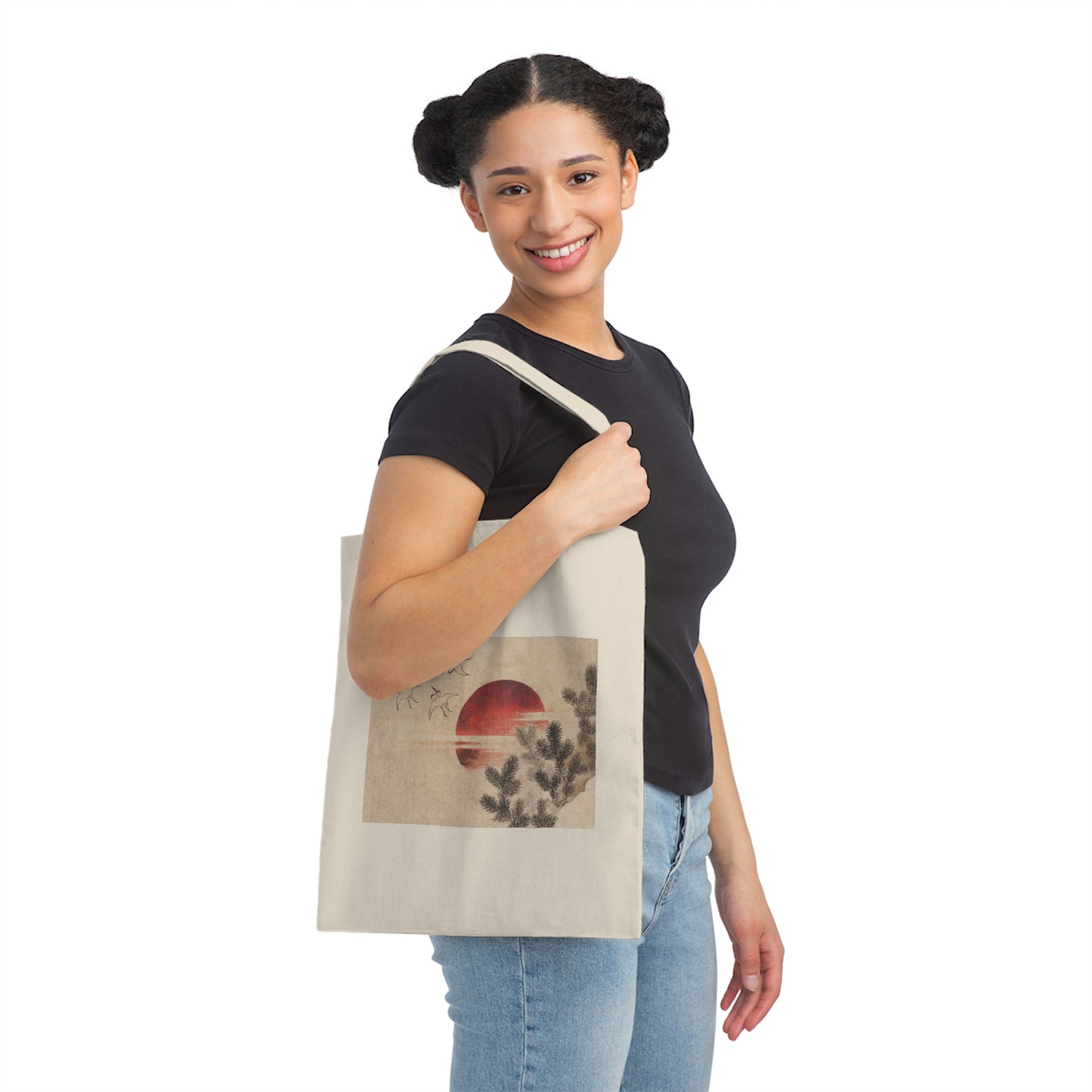 "birds and sunset" (1814) Canvas Tote on the shoulder of young woman.