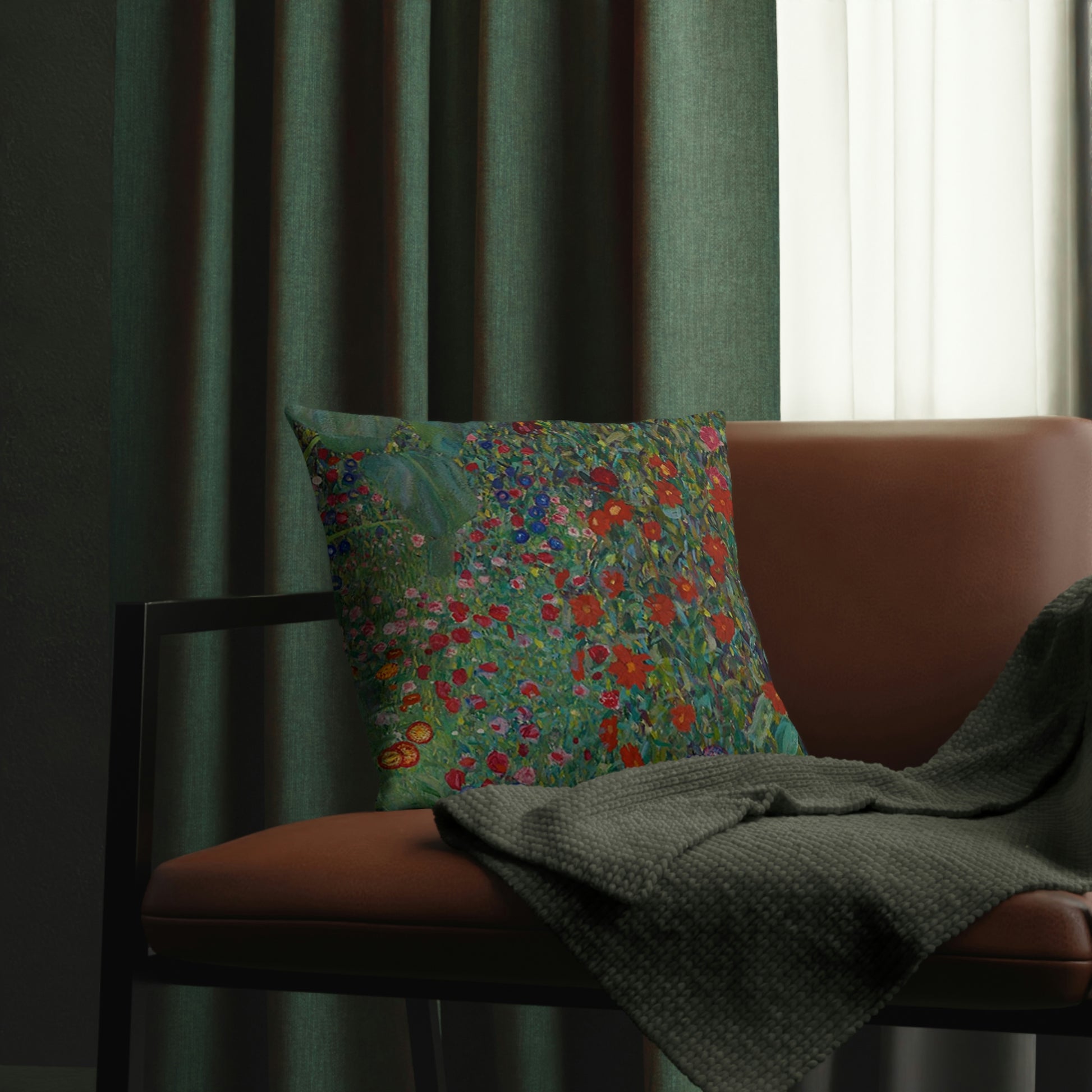 "Farm Garden with Sunflowers" by Klimt Waterproof Pillow on a brown chair, in front of green curtains