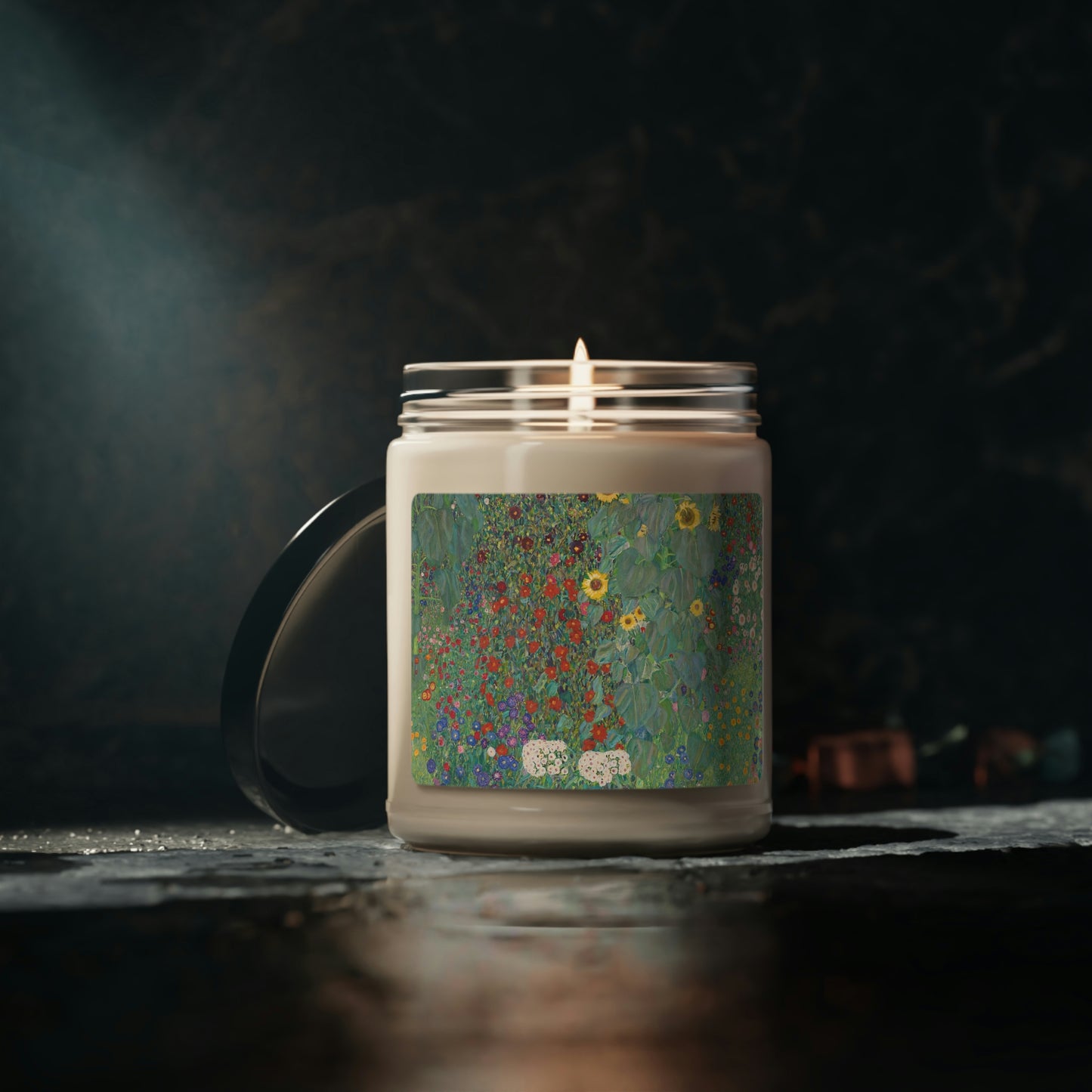 "Apple Harvest" Scented Soy Candle with Monet Garden picture in dark room