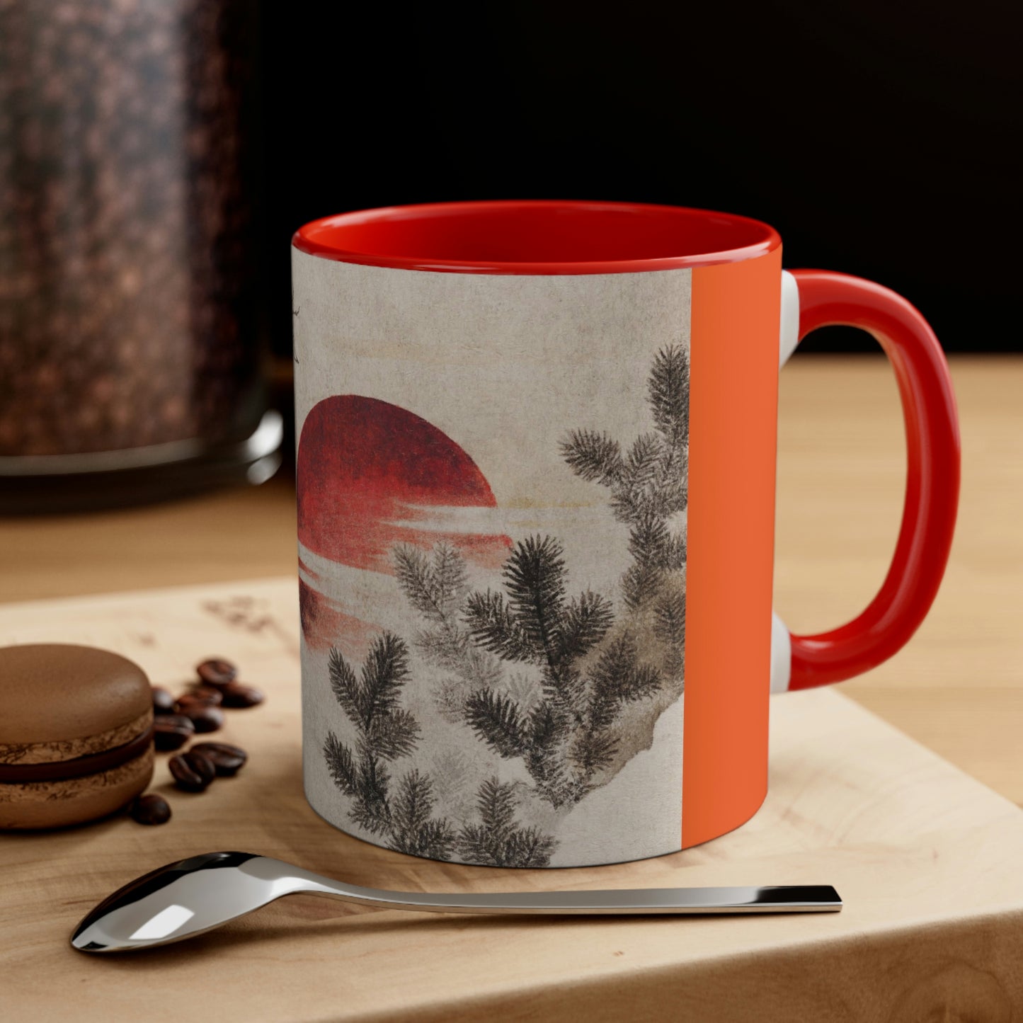 Burnt orange "birds and sunset" (1814), by Katsushika-Hokusai mug on table.