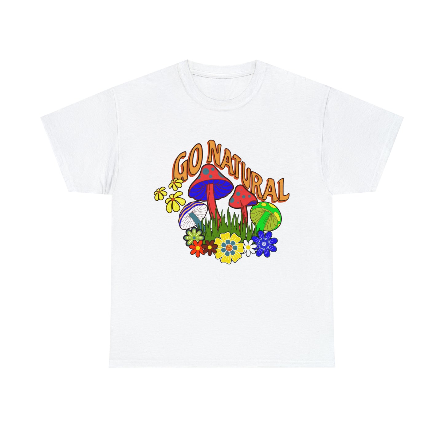 White tee with graphic of "Go Natural"