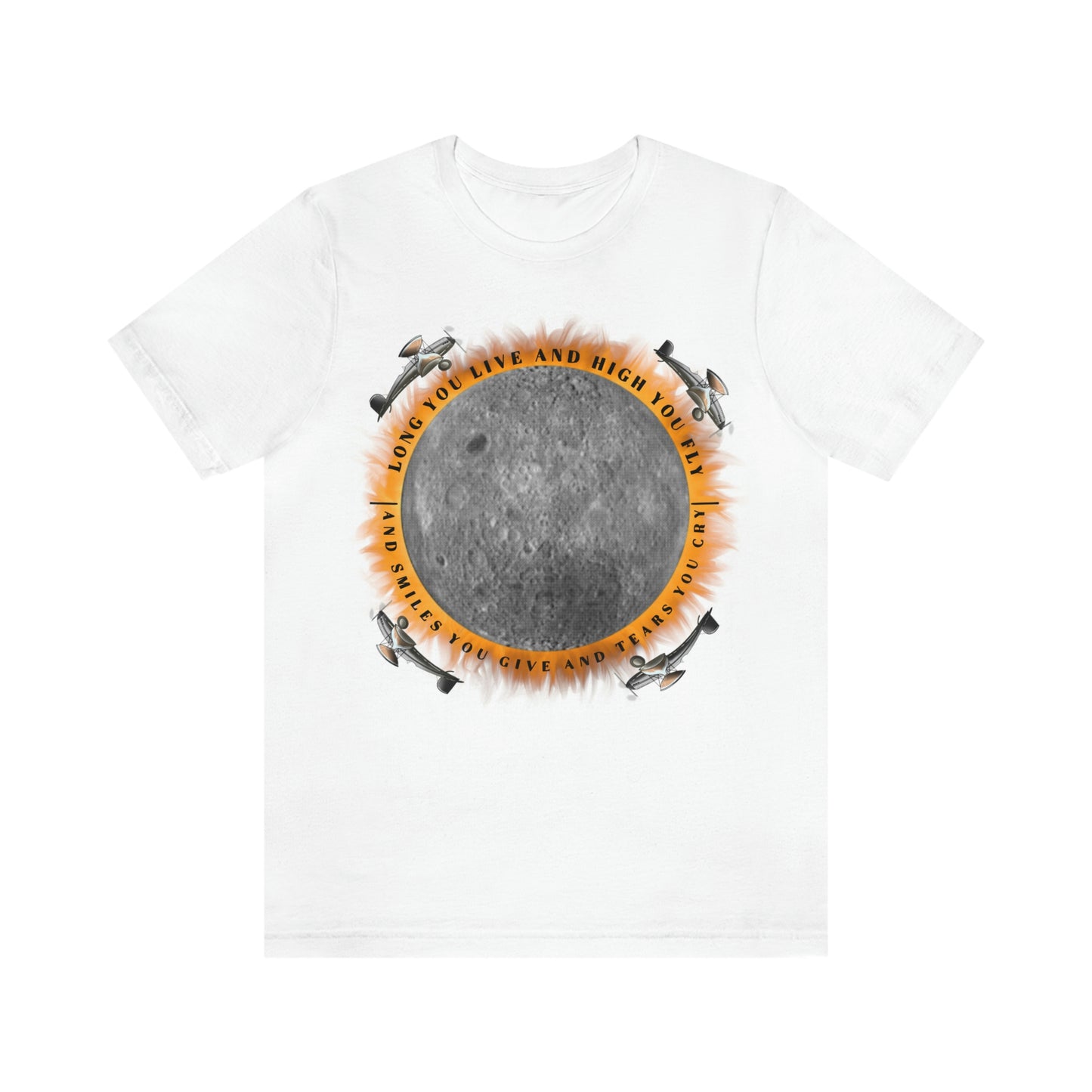 White tee with graphic, "Eclipse, from the Dark Side of the Moon"