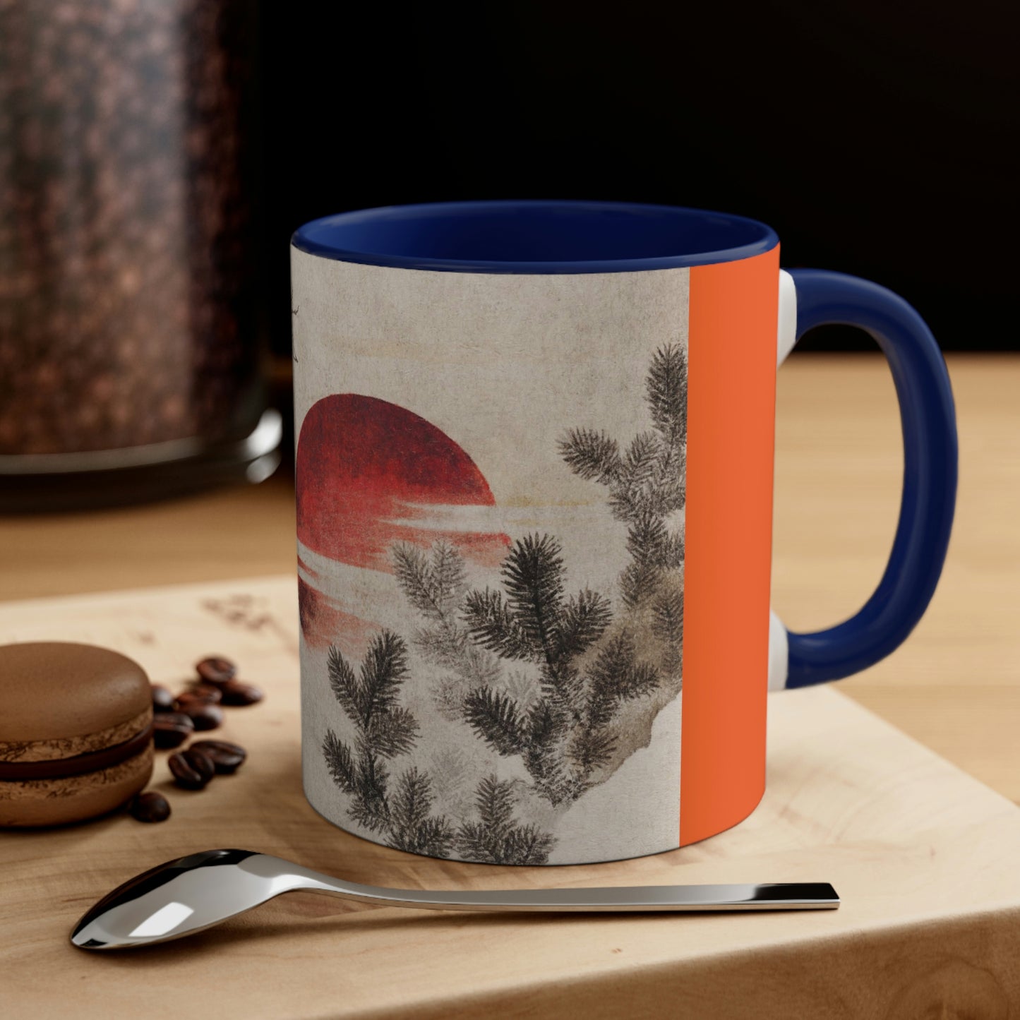 Blue interior and handle "birds and sunset" (1814), by Katsushika-Hokusai mug on table.