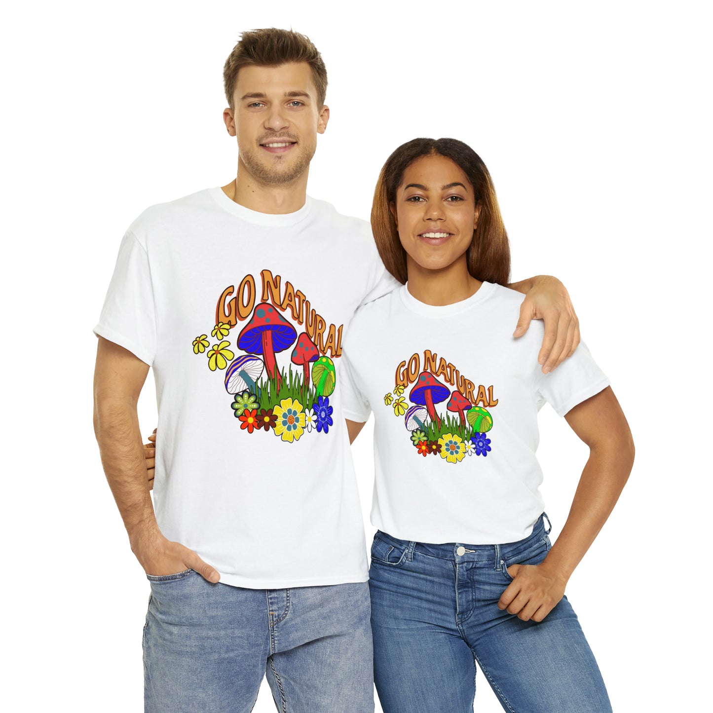 Couple wearing matching white tees with graphic for "Go Natural"