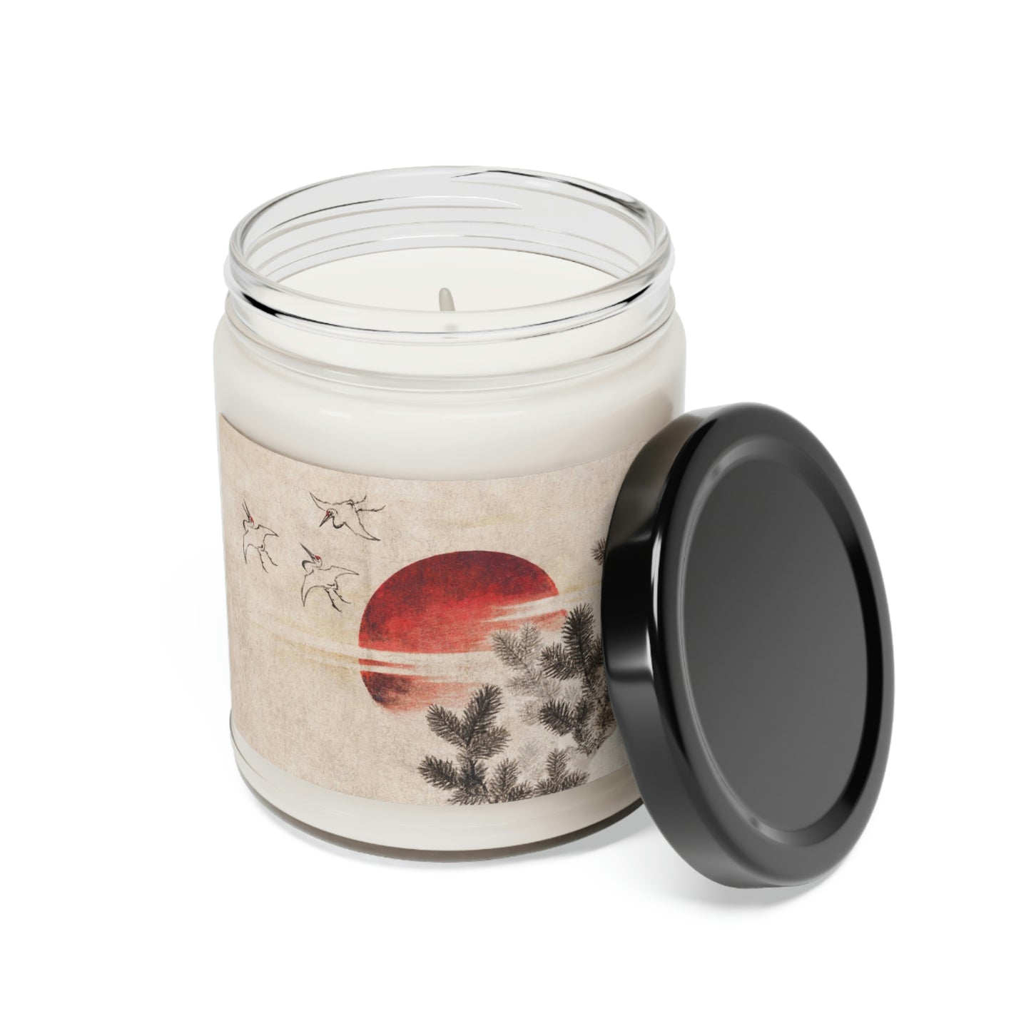 "Clean Cotton" Scented Soy Candle jar with Hokusai print 'birds and sunset'